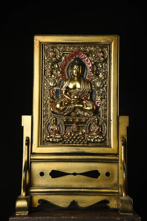 25" Xizang Vintage Lacquerware Gilded True Gold Painted Shakyamuni Two-sided Thangka Screen Insertion | Religious Art | Wiccan Center