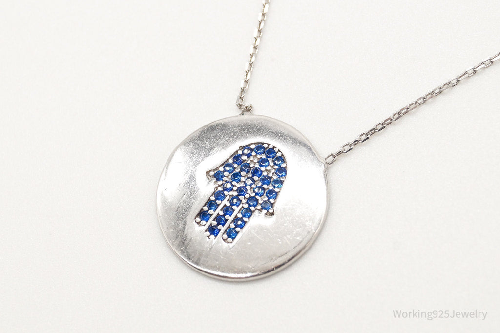 Vintage Blue Cubic Zirconia Hamsa Hand Sterling Silver Necklace | Jewelry > Necklaces > Pendants | Wiccan Center