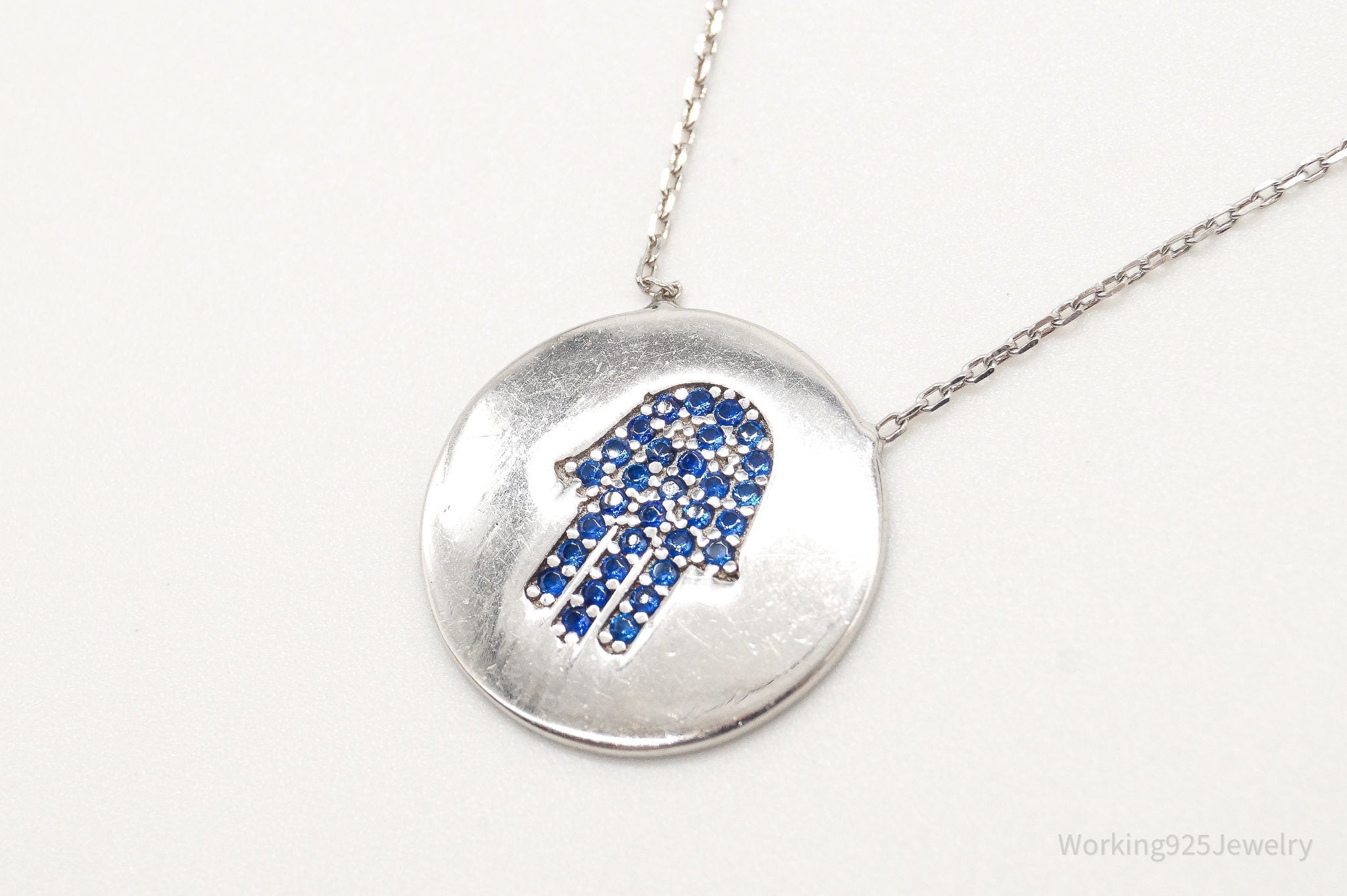 Vintage Blue Cubic Zirconia Hamsa Hand Sterling Silver Necklace | Jewelry > Necklaces > Pendants | Wiccan Center
