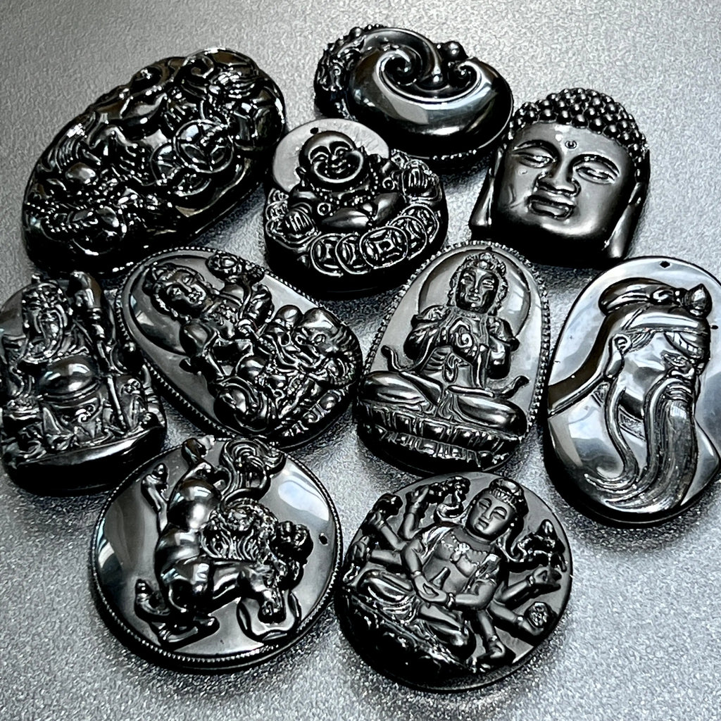 Mixed Large Black Obsidian Drilled Beads Medallion Wafer Carving Wholesale | Home & Living > Home Decor > Home Accents > Rocks & Geodes | Wiccan Center