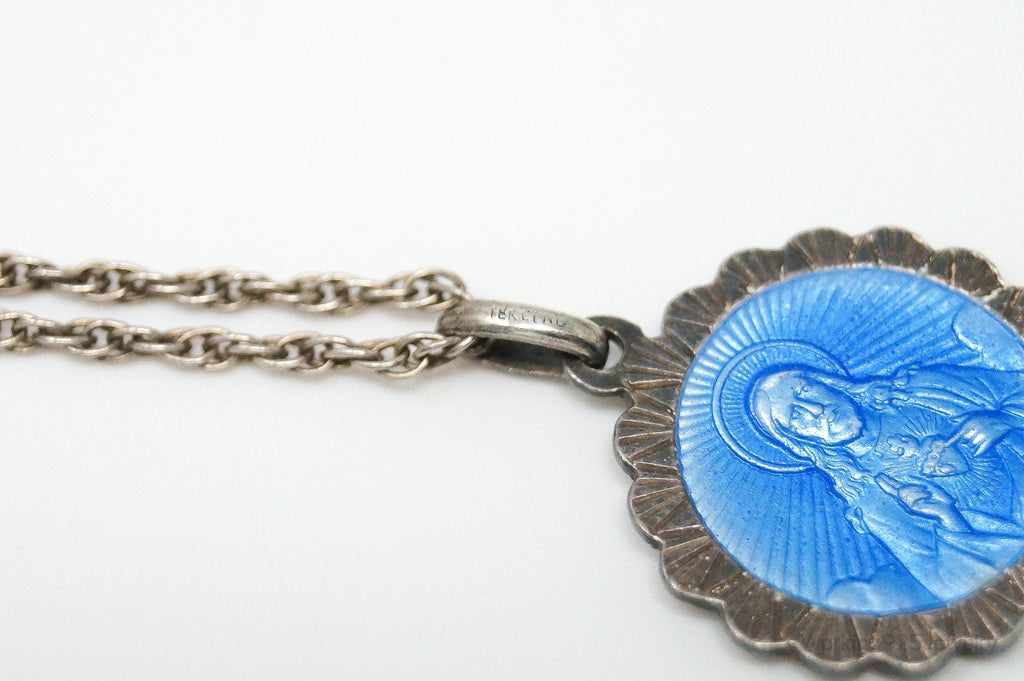 Vintage French Mother Mary Jesus Blue Enamel Sterling Silver Necklace | Jewelry > Necklaces > Pendants | Wiccan Center