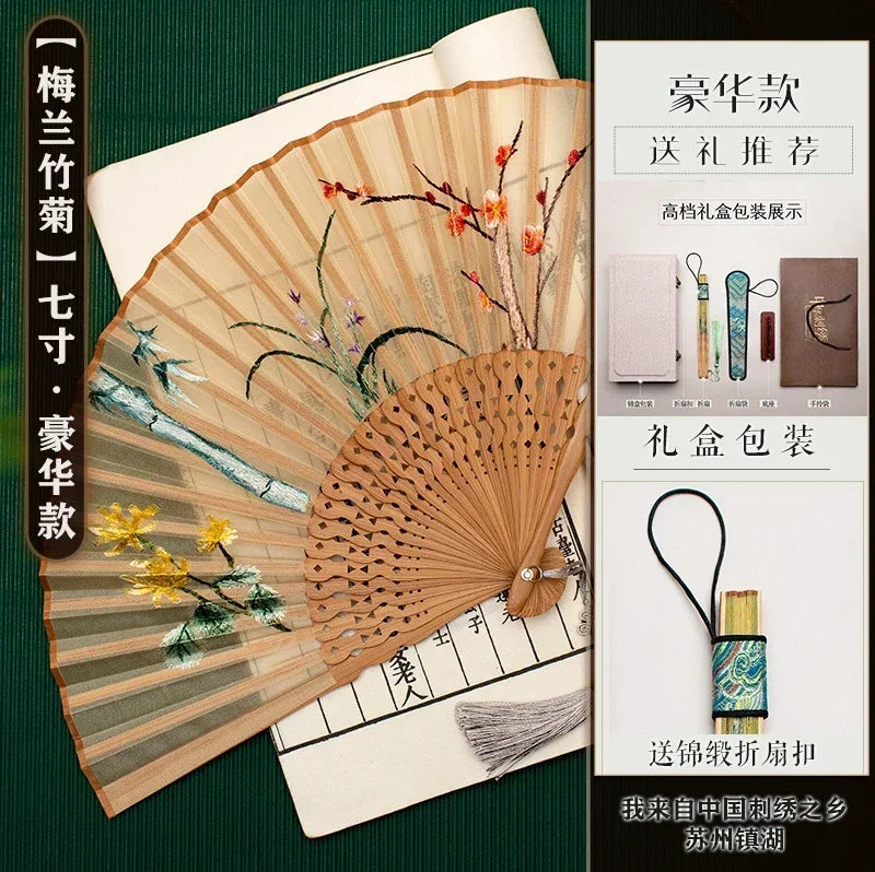 Chinese Embroidery Style Bamboo Folding Fan, Embroidery Female Silk Fan, Silk Fan Chinese Style