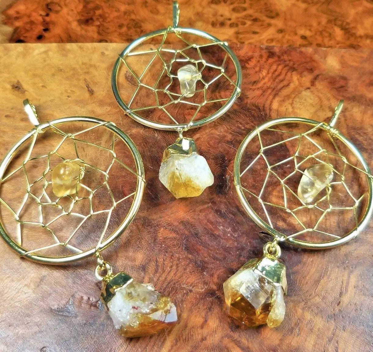 Dreamcatcher Pendant (Citrine Crystal Point)(Gold Plated) Gemstone Jewelry Necklace Supply | Craft Supplies & Tools > Beads, Gems & Cabochons > Charms & Pendants > Pendants | Wiccan Center
