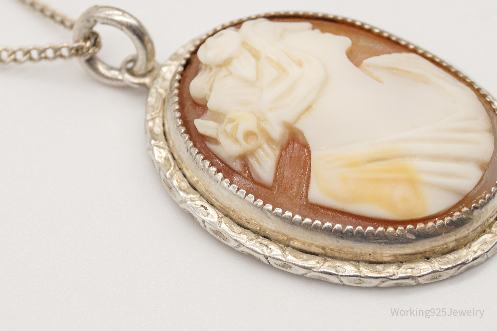 Antique Large Carved Shell Woman Cameo Sterling Silver Necklace | Jewelry > Necklaces > Pendants | Wiccan Center