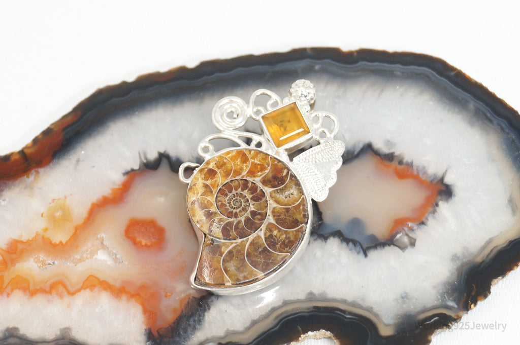 Vintage Large Ammonite Fossil Shell Citrine Sterling Silver Necklace Pendant | Jewelry > Necklaces > Pendants | Wiccan Center