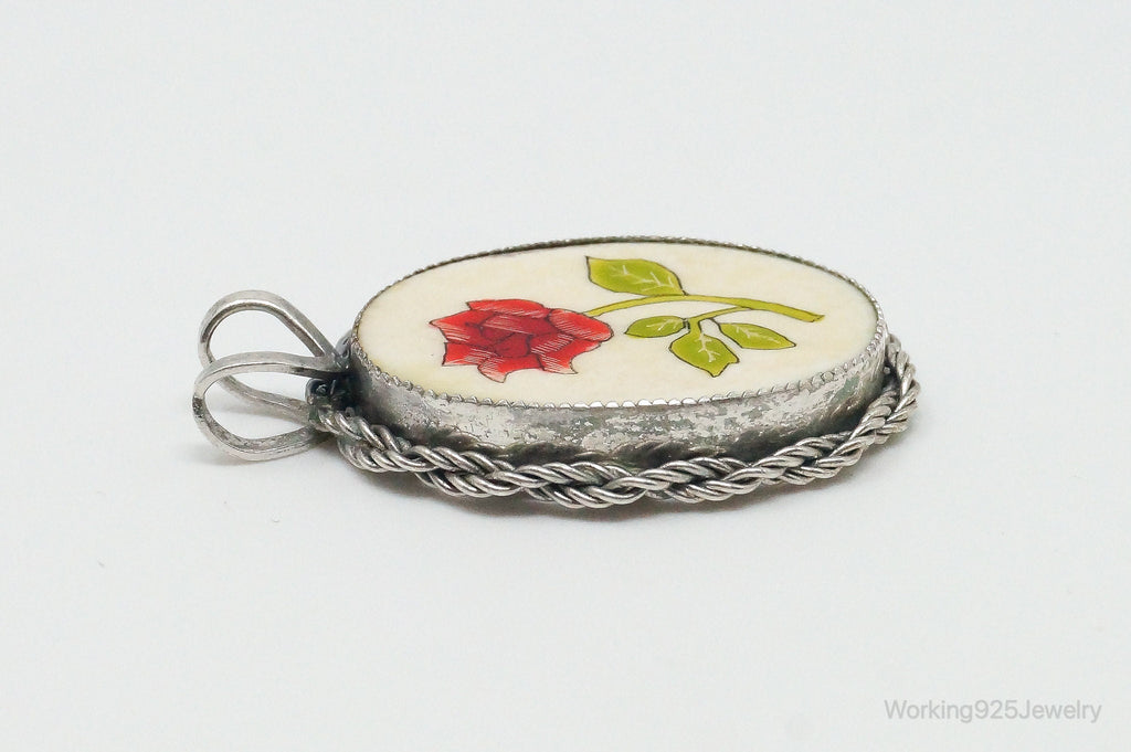 Vintage Painted Rose Bone Southwestern Sterling Silver Pendant | Jewelry > Necklaces > Pendants | Wiccan Center