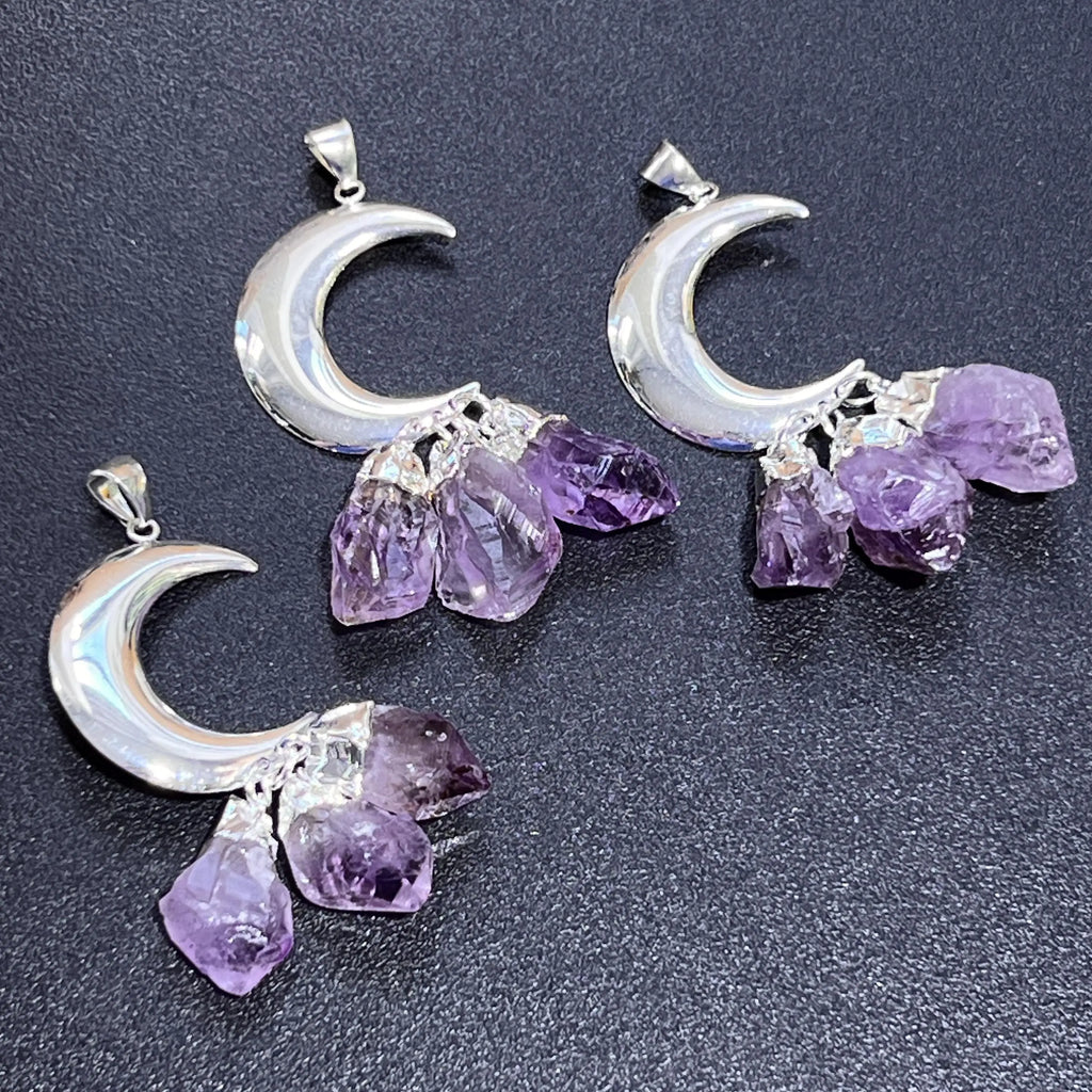 Amethyst Crystal Crescent Moon Pendant (Silver Plated)(3 Crystals) Gemstone Jewelry Necklace Supply | Craft Supplies & Tools > Beads, Gems & Cabochons > Charms & Pendants > Pendants | Wiccan Center