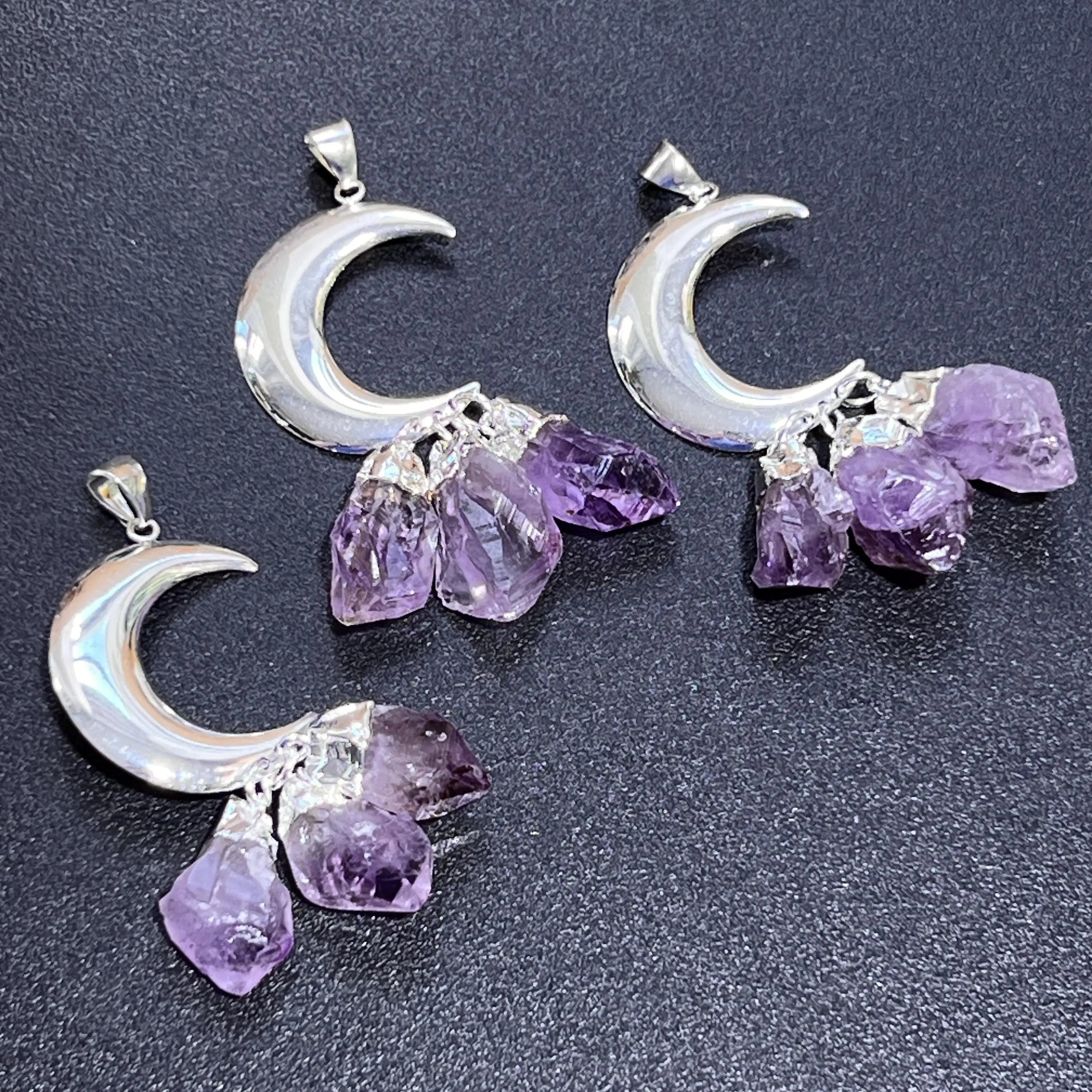 Amethyst Crystal Crescent Moon Pendant (Silver Plated)(3 Crystals) Gemstone Jewelry Necklace Supply | Craft Supplies & Tools > Beads, Gems & Cabochons > Charms & Pendants > Pendants | Wiccan Center
