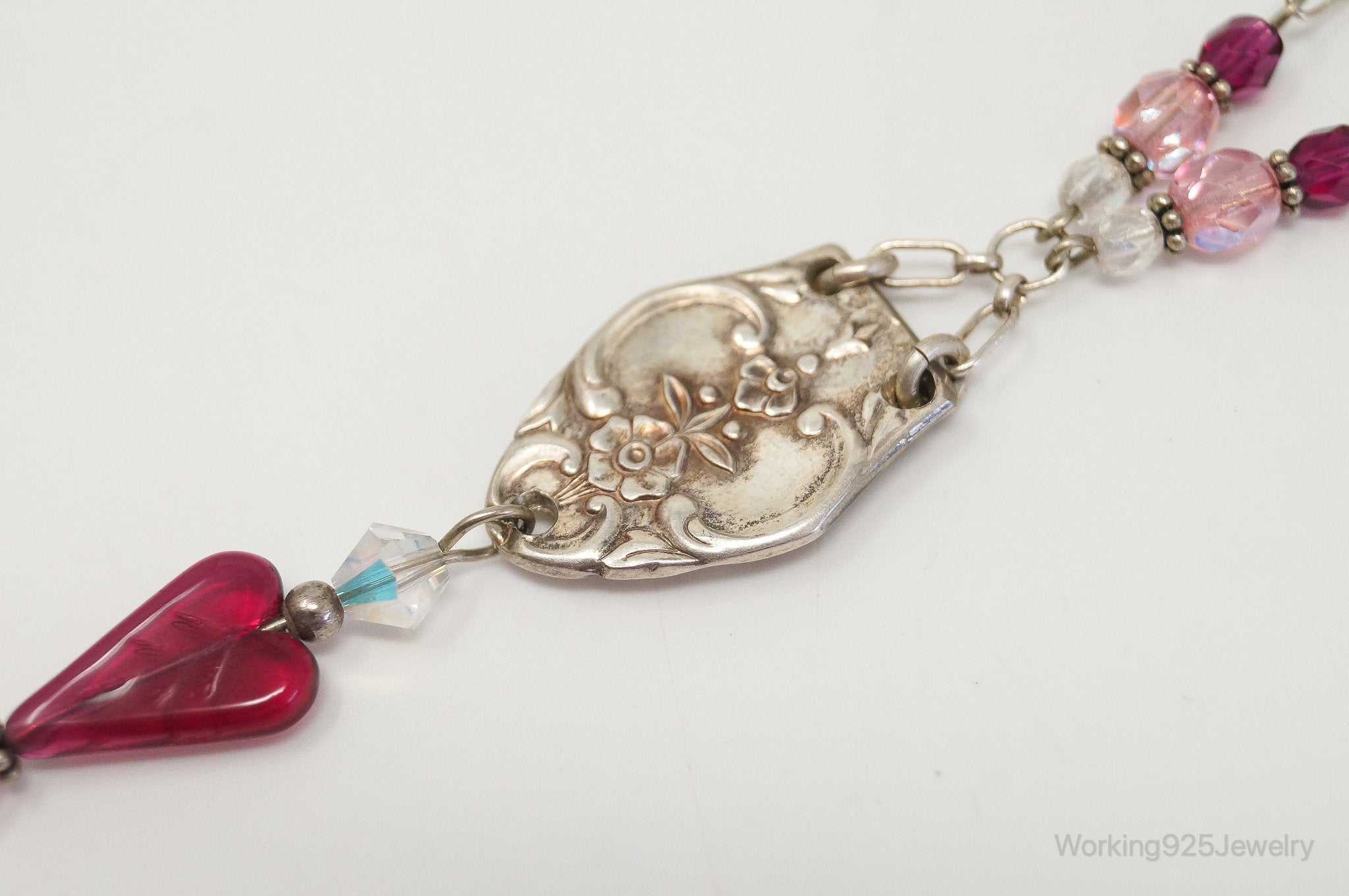 Vintage Floral Spoon Repousse Glass Heart Crystal Sterling Silver Necklace | Jewelry > Necklaces > Pendants | Wiccan Center
