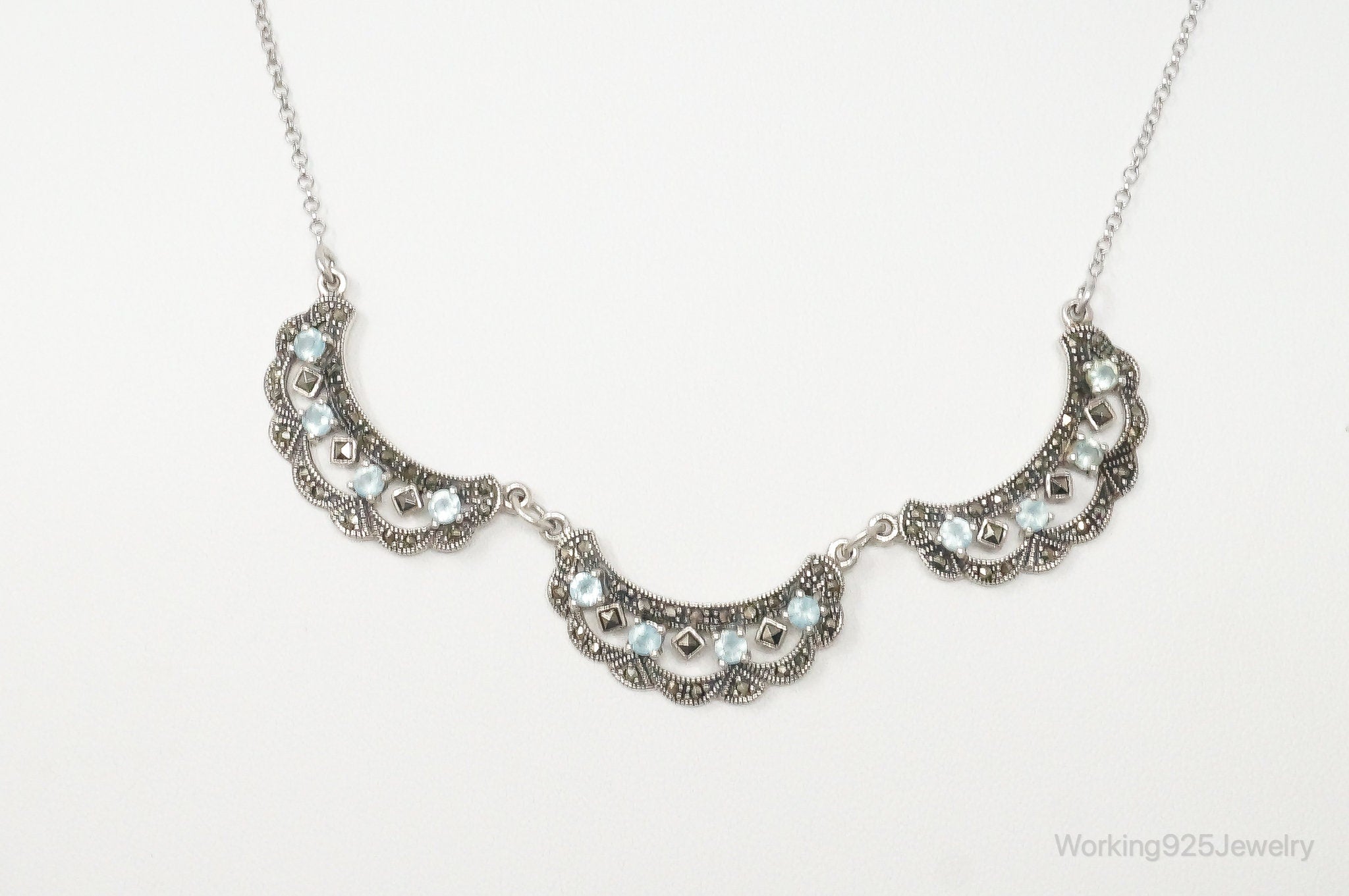 Vintage Art Deco Blue Topaz Marcasite Sterling Silver Necklace | Jewelry > Necklaces > Pendants | Wiccan Center