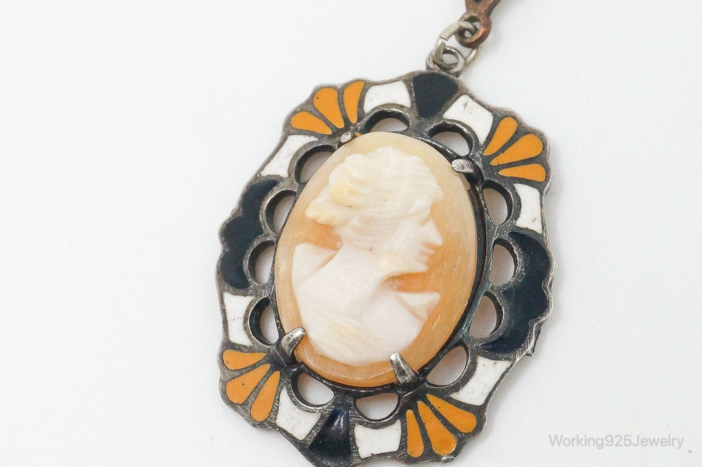 Antique Carved Woman Cameo Shell Enamel Sterling Silver Pendant | Jewelry > Necklaces > Pendants | Wiccan Center