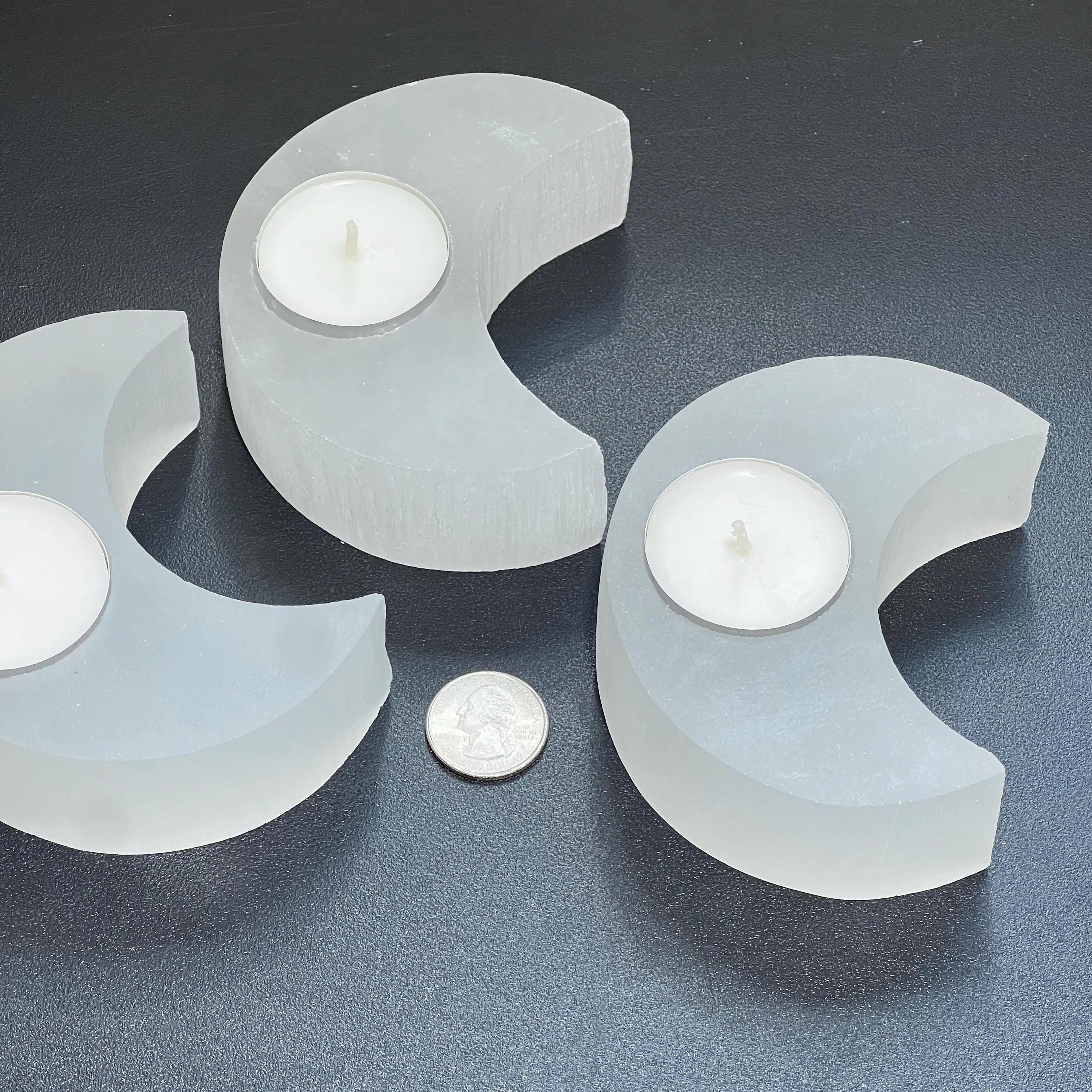 Selenite Crystal Crescent Moon Tealight Candle Carving Gemstone Home Decor | Home & Living > Home Decor > Candles & Home Fragrances > Candles > Tea Lights | Wiccan Center