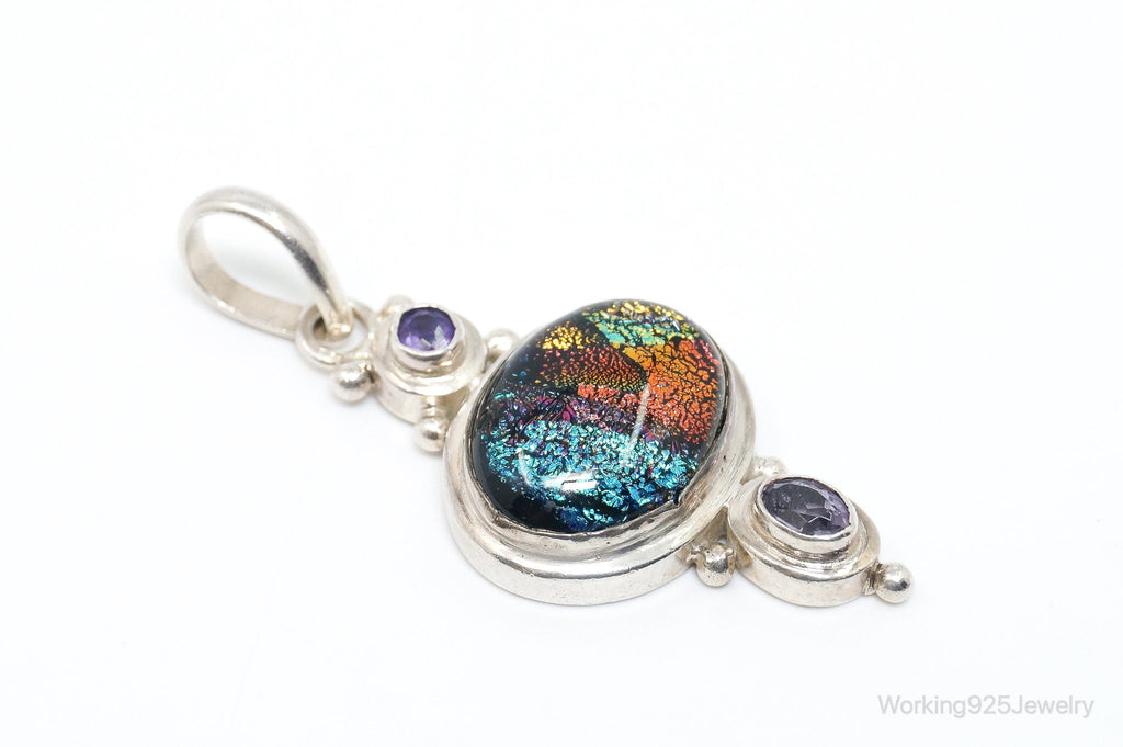 Vintage Large Dichroic Glass Amethyst Sterling Silver Necklace Pendant | Jewelry > Necklaces > Pendants | Wiccan Center