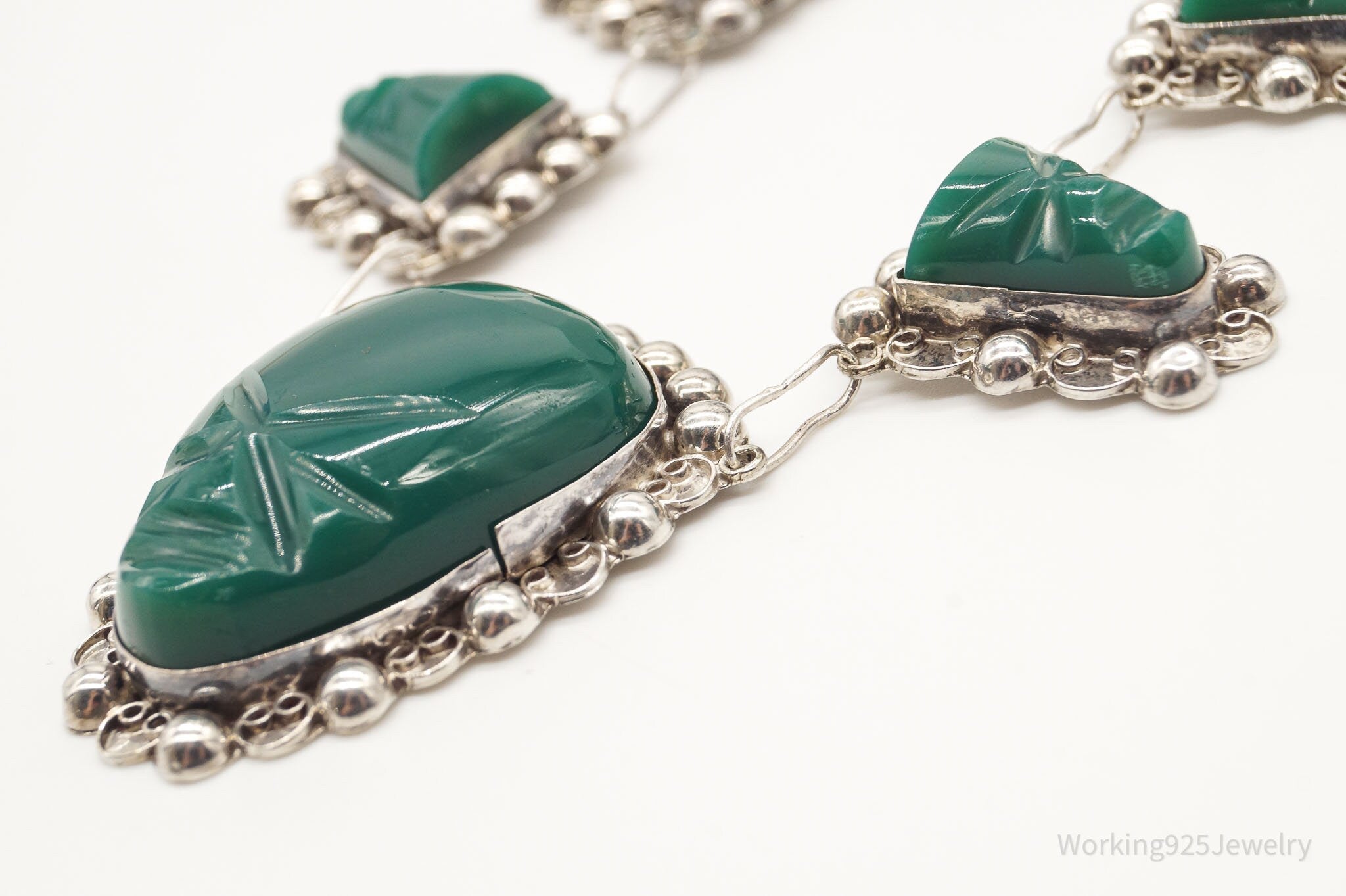Vintage Mexico Green Onyx Carved Masks Sterling Silver Necklace | Jewelry > Necklaces > Pendants | Wiccan Center
