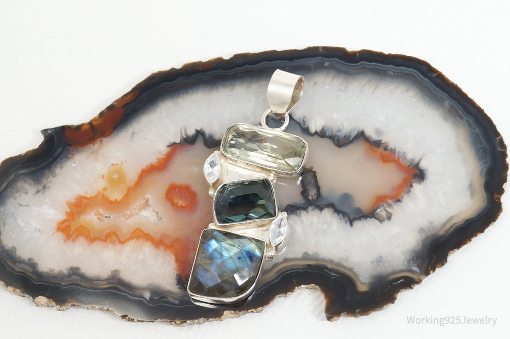 Vintage Large Labradorite Topaz Crystal Sterling Silver Necklace Pendant | Jewelry > Necklaces > Pendants | Wiccan Center