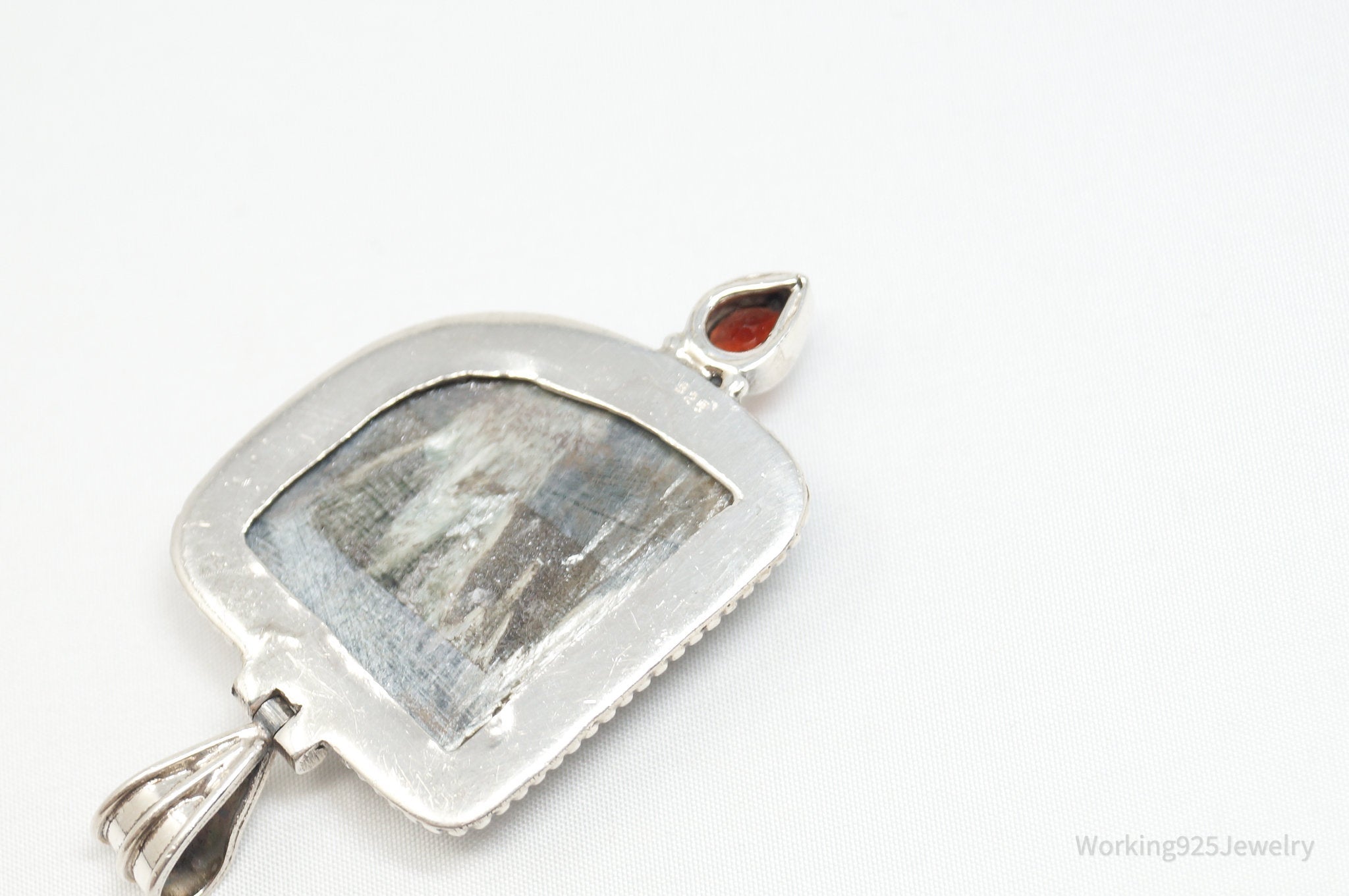 Vintage Large Green Seraphinite Garnet Sterling Silver Necklace Pendant | Jewelry > Necklaces > Pendants | Wiccan Center