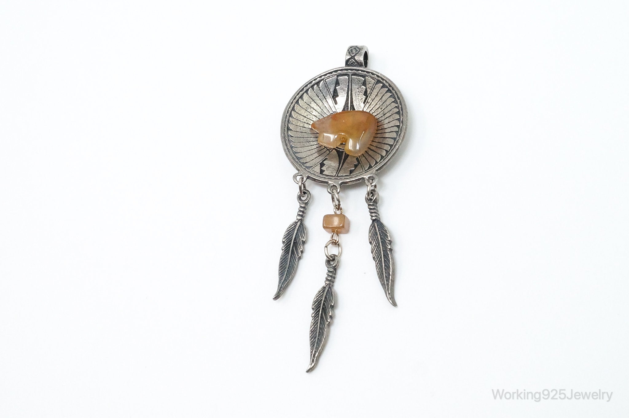 Large Vintage Native American Orange Agate Bear Sterling Silver Pendant | Jewelry > Necklaces > Pendants | Wiccan Center