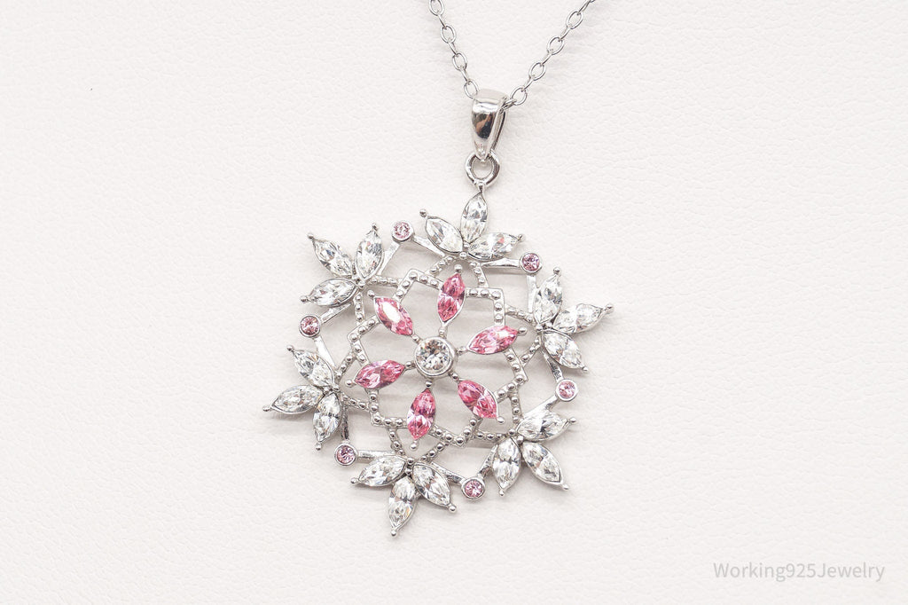 Vintage Designer RL Pink & White Crystal Snowflake Sterling Silver Necklace | Jewelry > Necklaces > Pendants | Wiccan Center