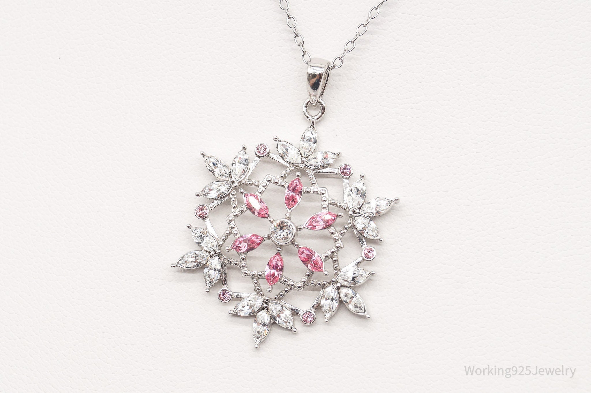 Vintage Designer RL Pink & White Crystal Snowflake Sterling Silver Necklace | Jewelry > Necklaces > Pendants | Wiccan Center