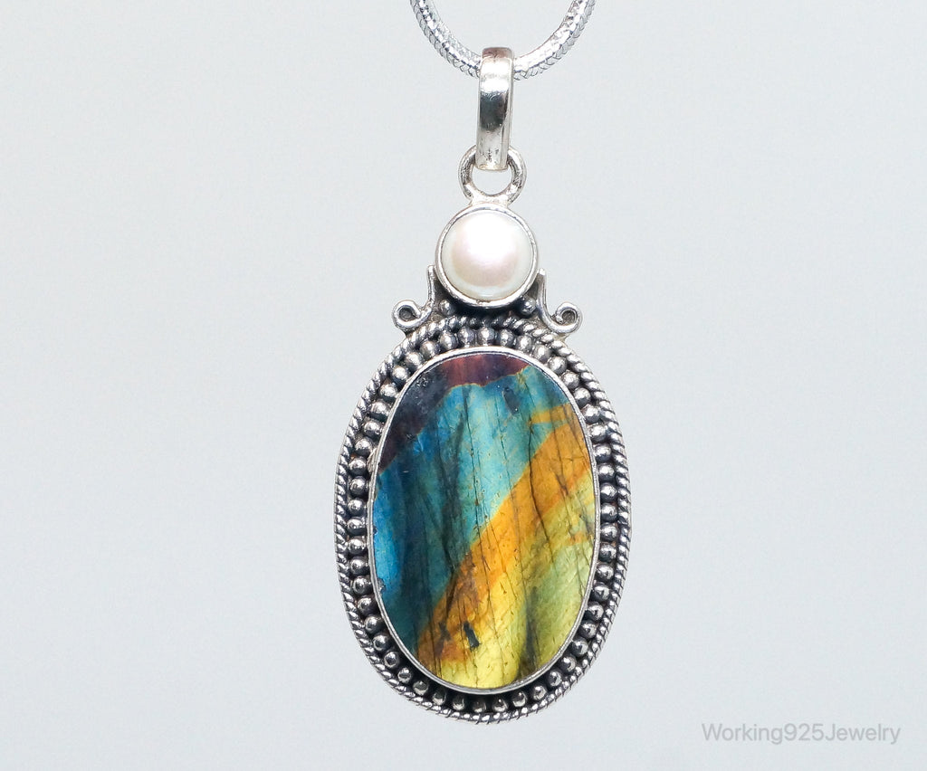 Vintage Large Labradorite Pearl Sterling Silver Necklace Pendant | Jewelry > Necklaces > Pendants | Wiccan Center