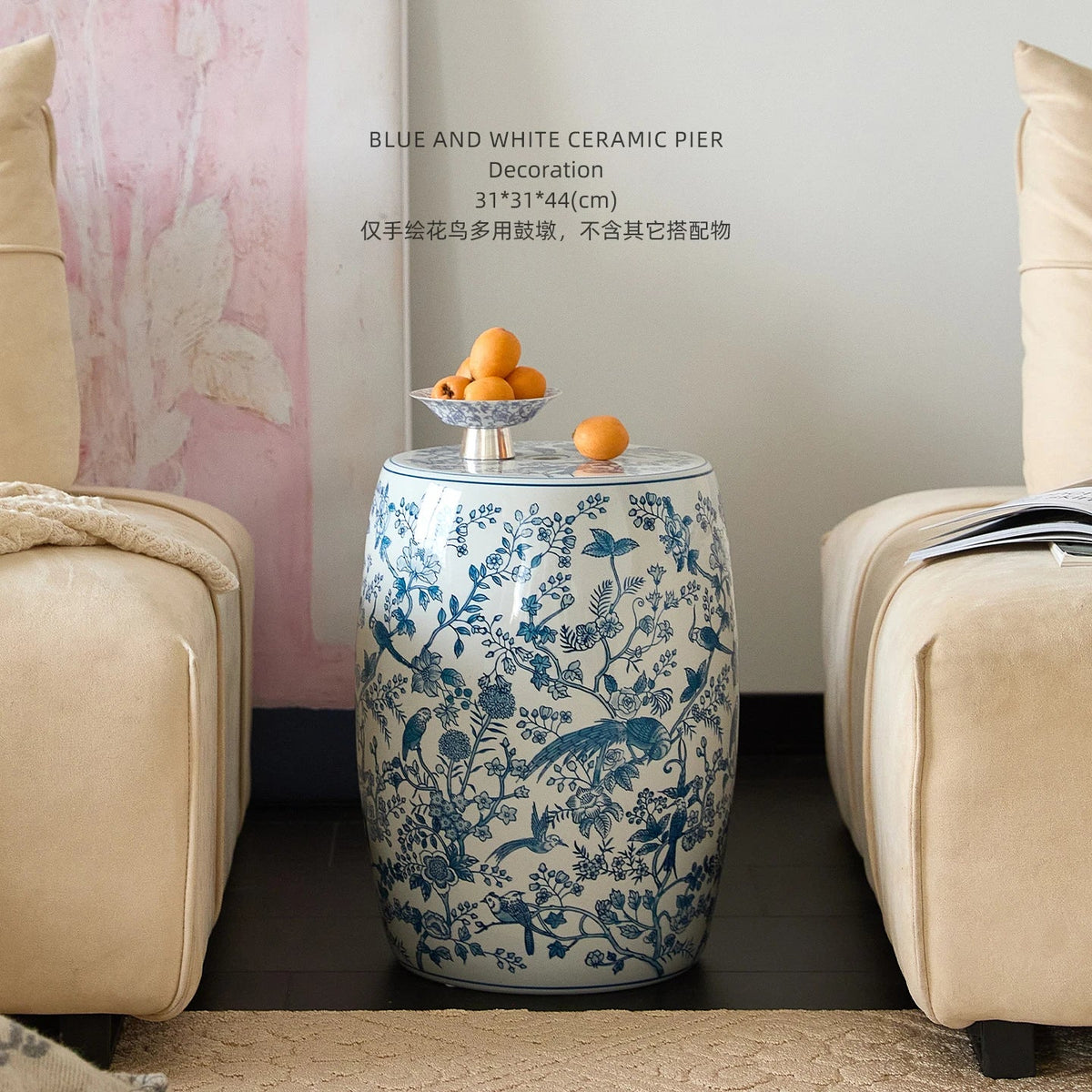 New Chinese Hand-Painted Blue & White Porcelain Drum Stool | Plum Blossom Side Table | Stools | Wiccan Center