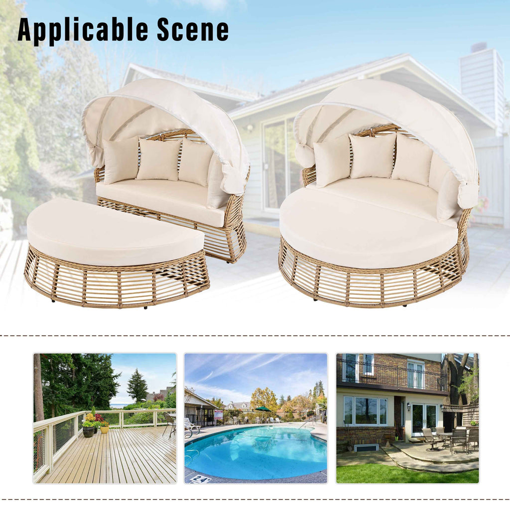 Outdoor Patio Rattan Round Daybed with Retractable Canopy, Wicker | Furniture | Wiccan Center