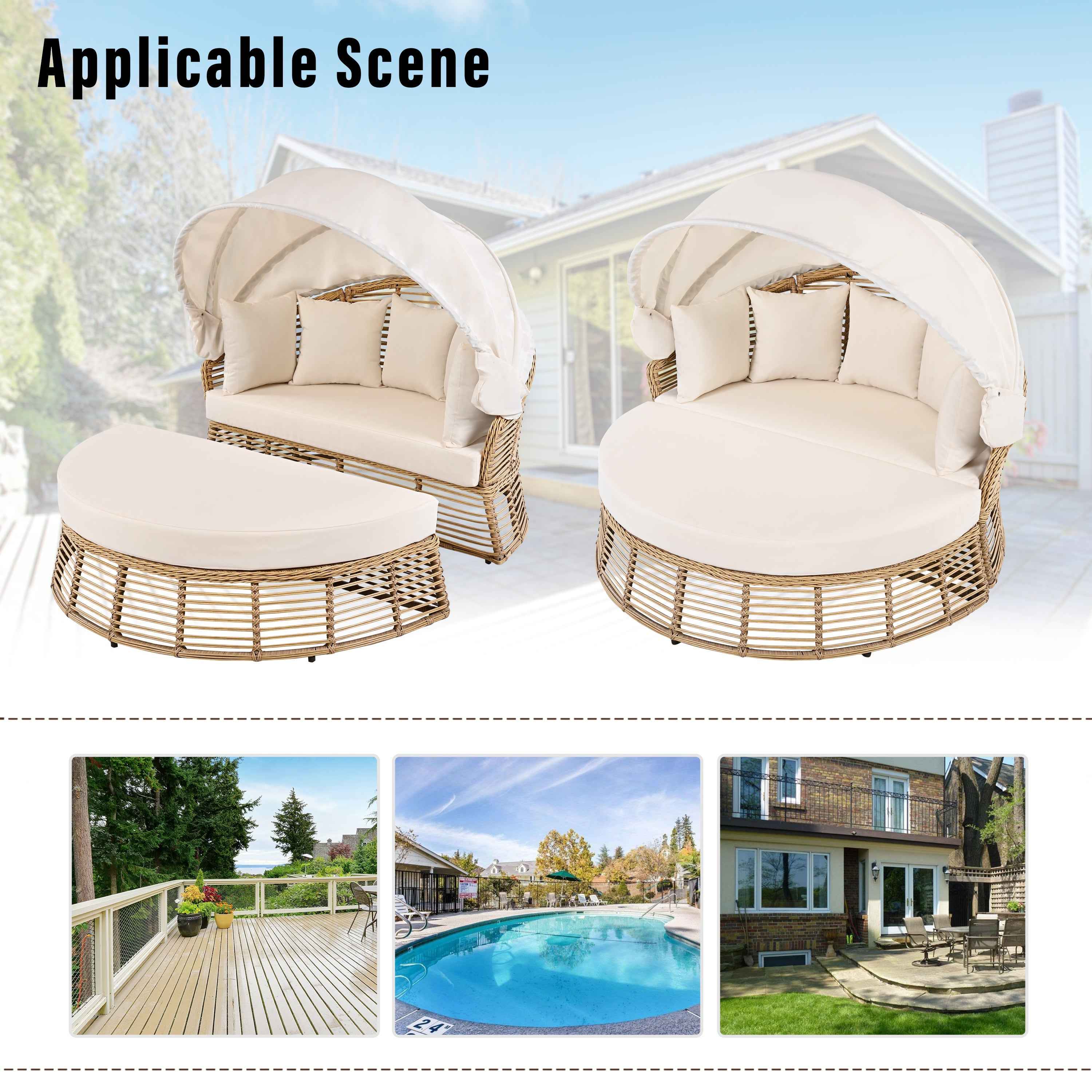 Outdoor Patio Rattan Round Daybed with Retractable Canopy, Wicker | Furniture | Wiccan Center