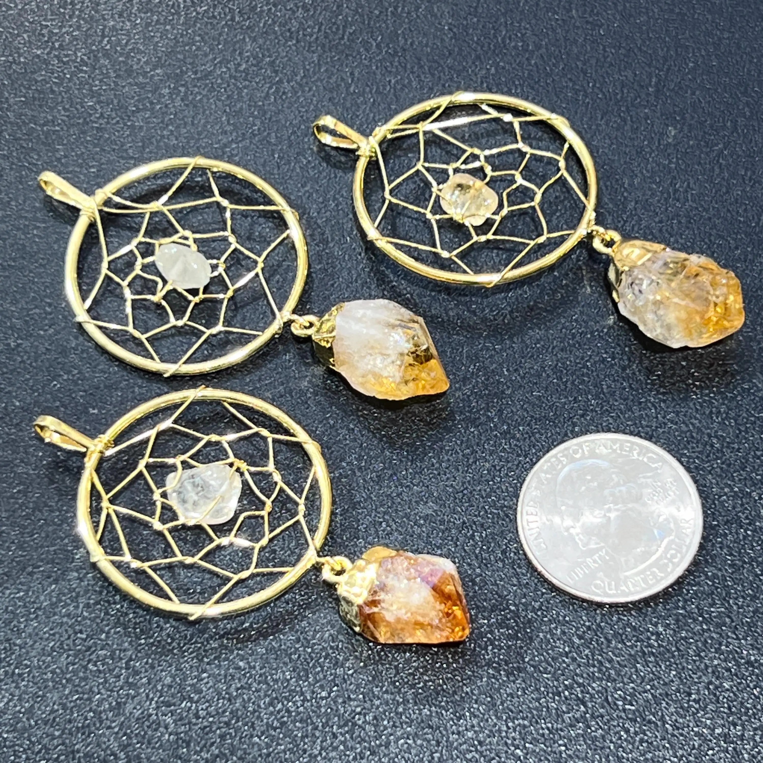 Dreamcatcher Pendant (Citrine Crystal Point)(Gold Plated) Gemstone Jewelry Necklace Supply | Craft Supplies & Tools > Beads, Gems & Cabochons > Charms & Pendants > Pendants | Wiccan Center