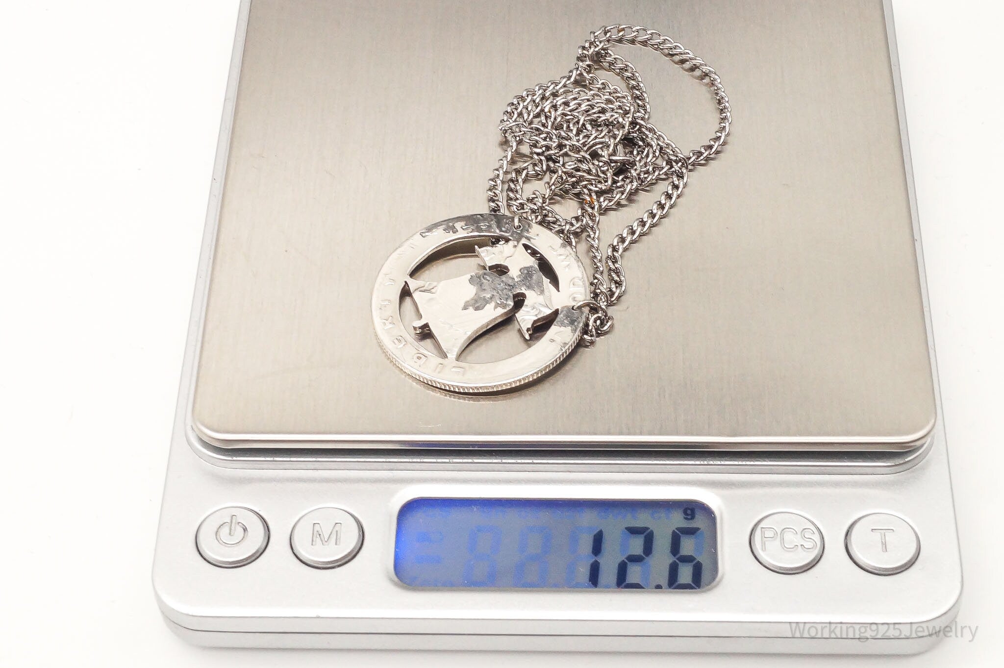 Vintage Half Dollar Coin Cut Out Pendant Silver Chain Necklace | Jewelry > Necklaces > Pendants | Wiccan Center