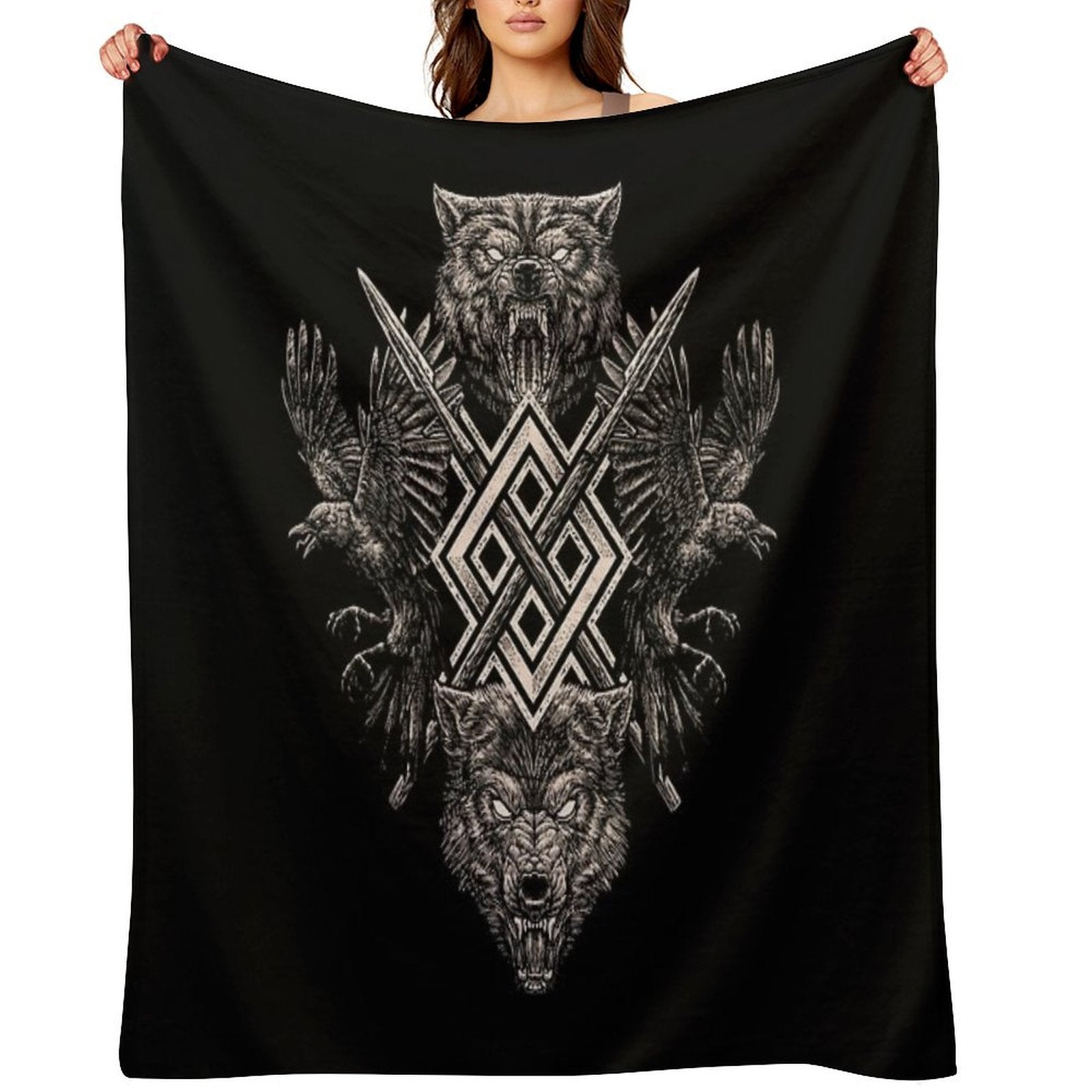 Viking Wolf Raven of Odin Geri Freki Huginn Muninn Norse Mythology  Gungnir Travel-friendly Throw Blanket