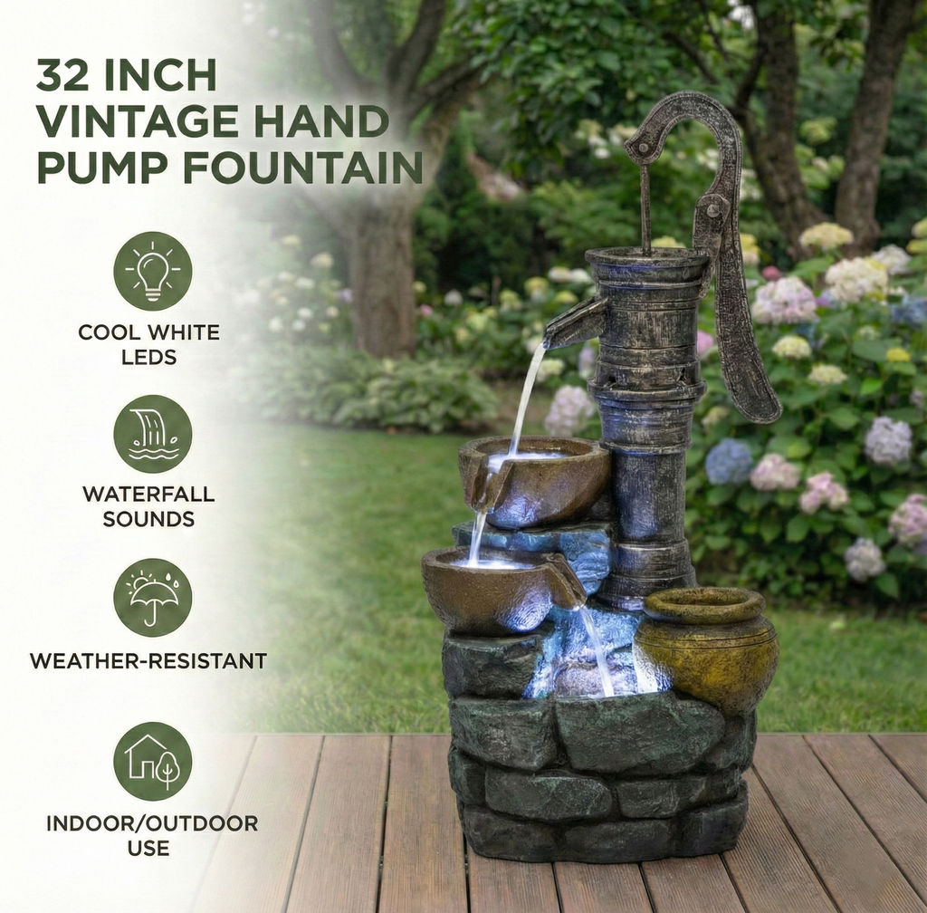 Resin Hand Pump Cascading Outdoor Fountain 32 Inch | Outdoor Fountain | Wiccan Center
