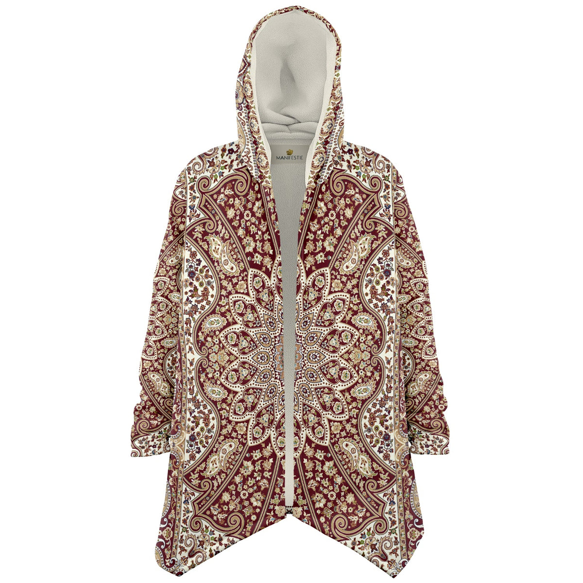 Classic Red Persian Carpet Cuddle Cloak | Unisex Minky Sherpa Lined Hooded Coat | Women and Mens Festival Coat | Mountain Fashion | Microfleece Cloak - AOP | Wiccan Center