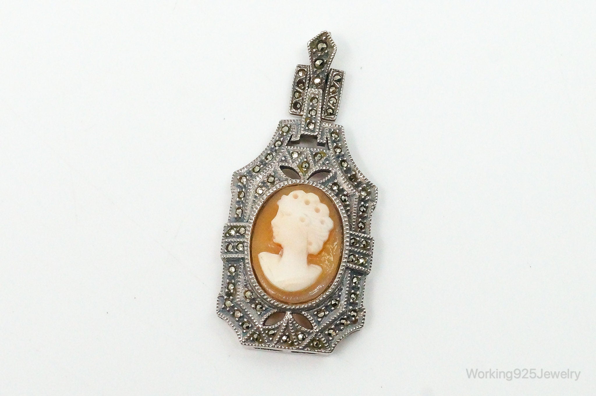Vintage Judith Jack Carved Shell Lady Cameo Marcasite Sterling Silver Pendant | Jewelry > Necklaces > Pendants | Wiccan Center