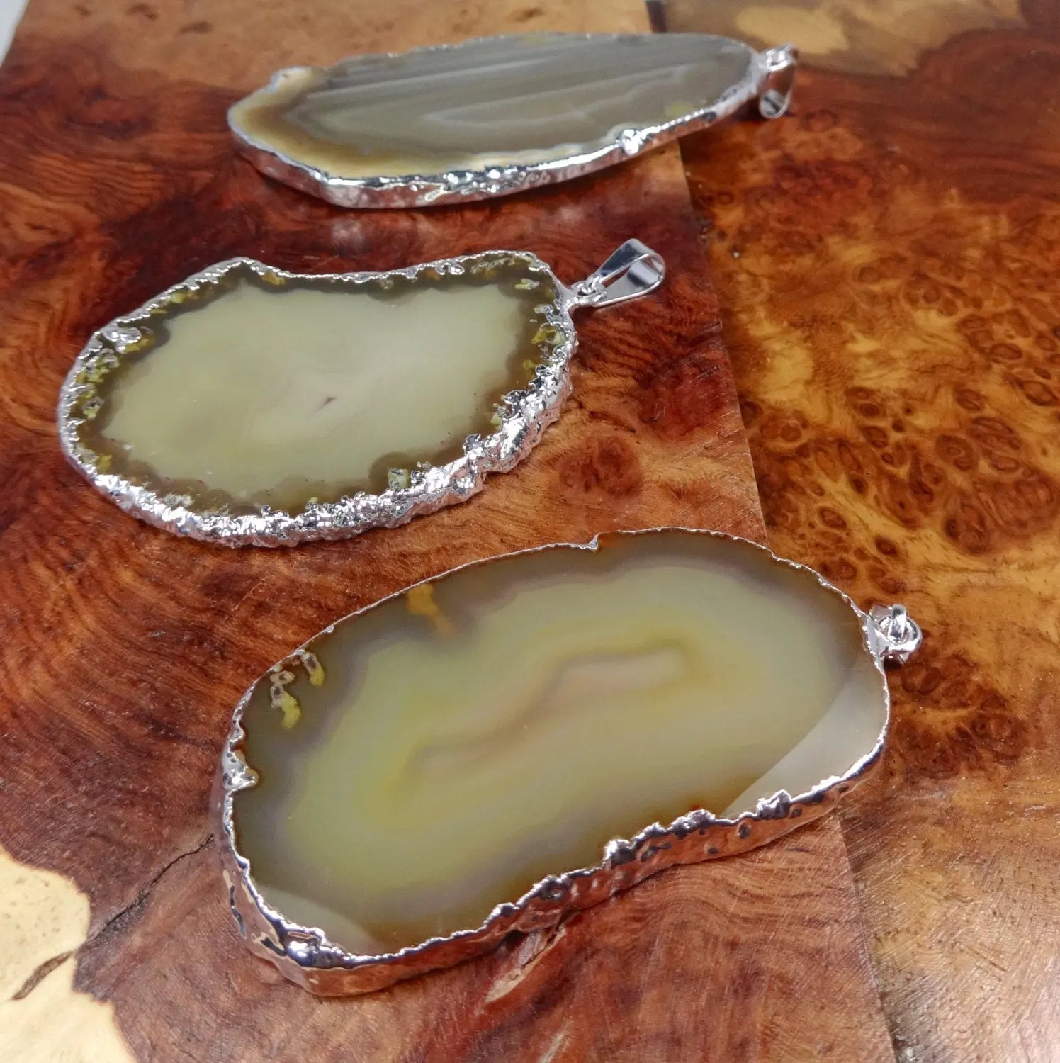 Brown Agate Slice Pendant (Silver Plated Edges) Polished Geode Jewelry | Retail Pendants | Wiccan Center