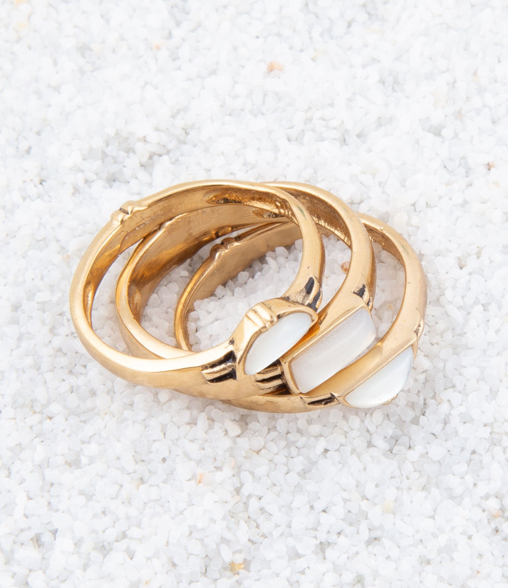 Baguette White Mother of Pearl Golden Stack Ring Set | Rings | Wiccan Center