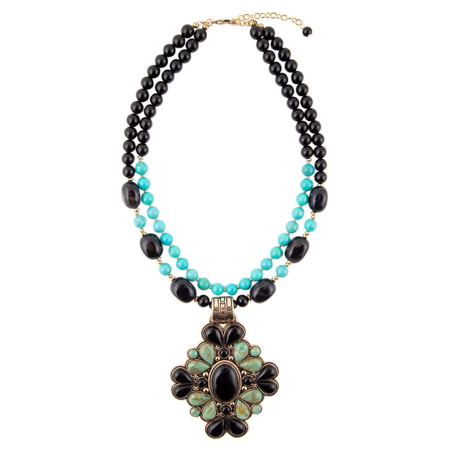 Barcelona Blue Turquoise and Black Onyx Golden Statement Necklace | Necklaces | Wiccan Center