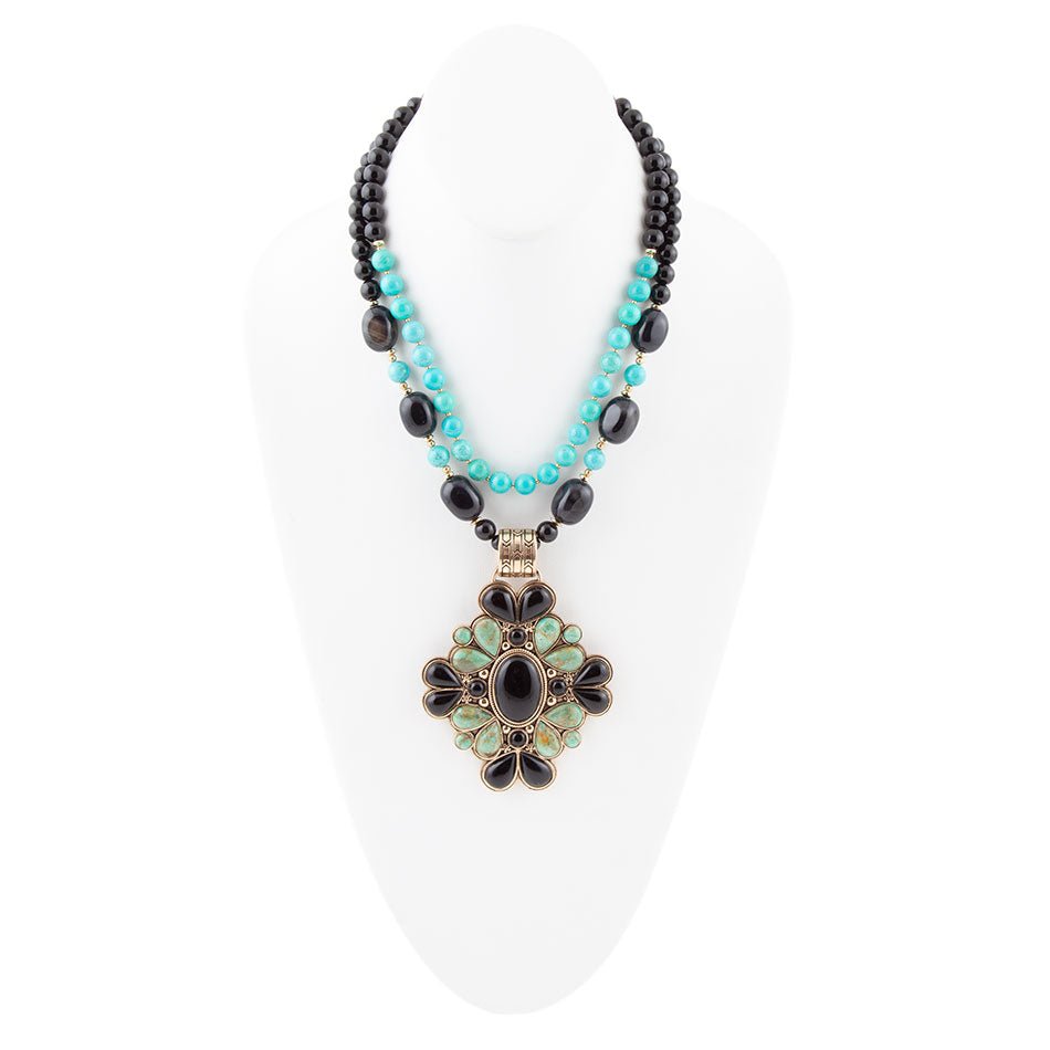 Barcelona Blue Turquoise and Black Onyx Golden Statement Necklace | Necklaces | Wiccan Center