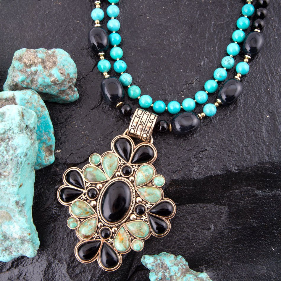 Barcelona Blue Turquoise and Black Onyx Golden Statement Necklace | Necklaces | Wiccan Center