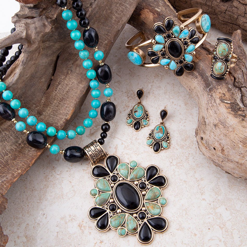 Barcelona Blue Turquoise and Black Onyx Post Drop Golden Earrings | Earrings | Wiccan Center