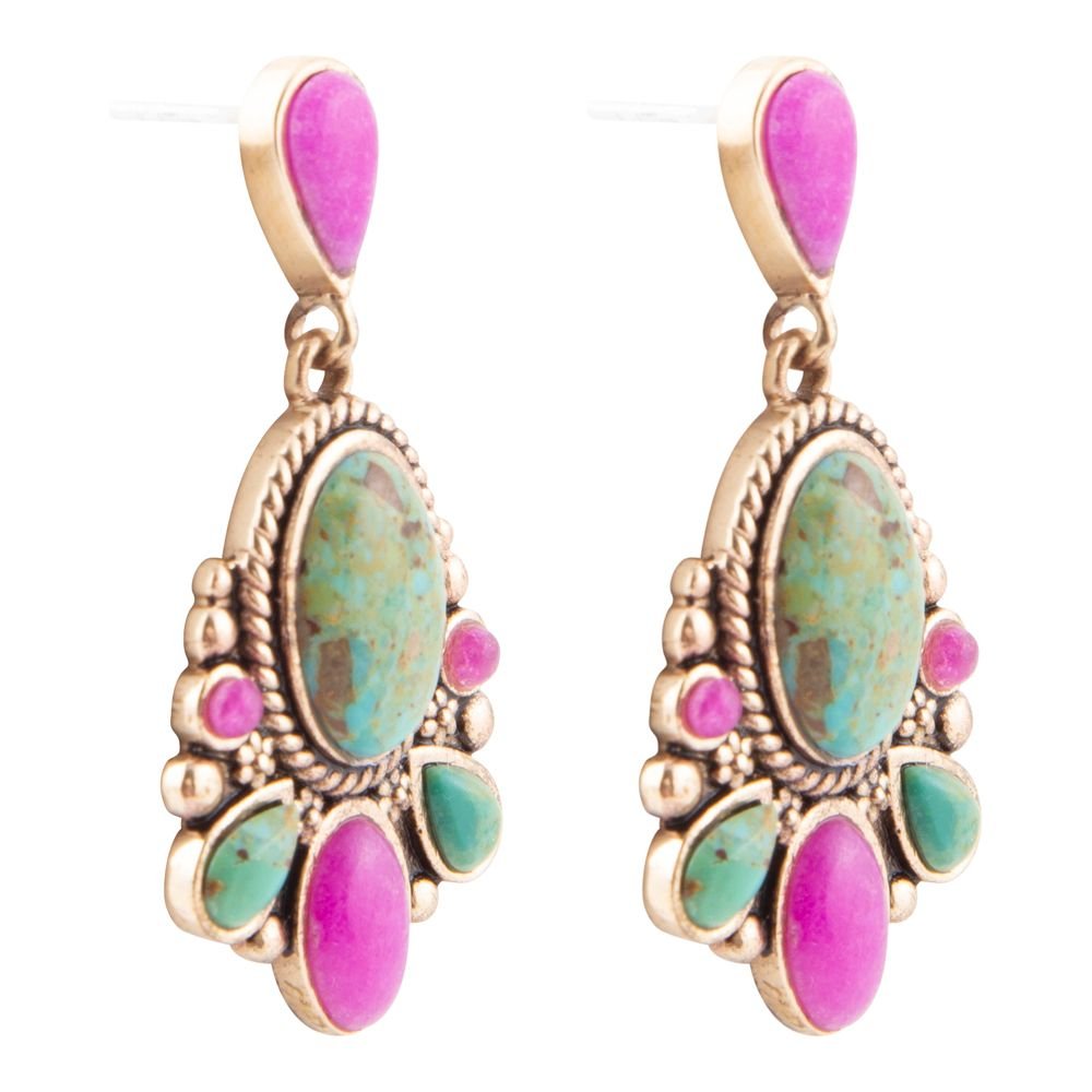 Barcelona Blue Turquoise and Pink Agate Golden Drop Earrings | Earrings | Wiccan Center