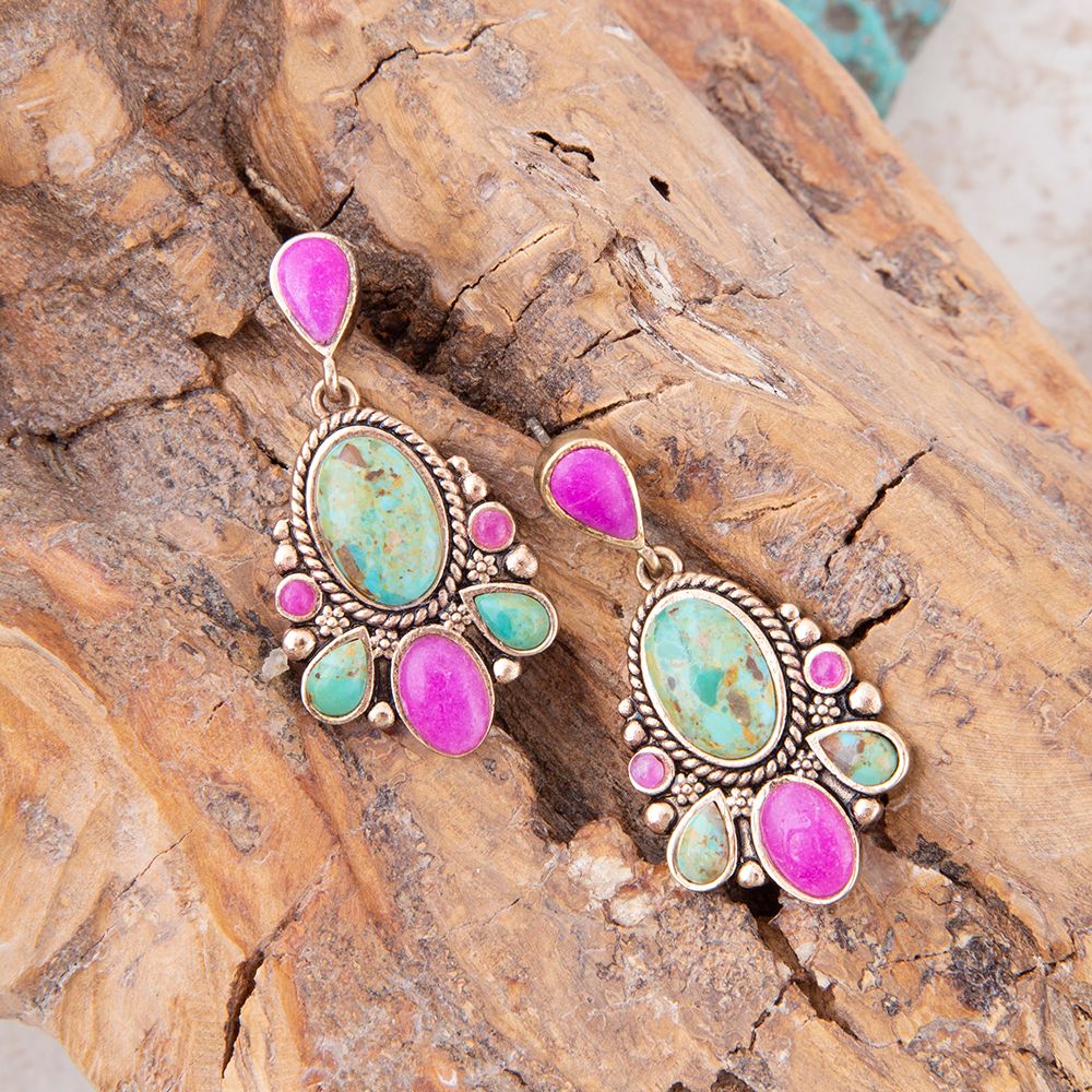 Barcelona Blue Turquoise and Pink Agate Golden Drop Earrings | Earrings | Wiccan Center