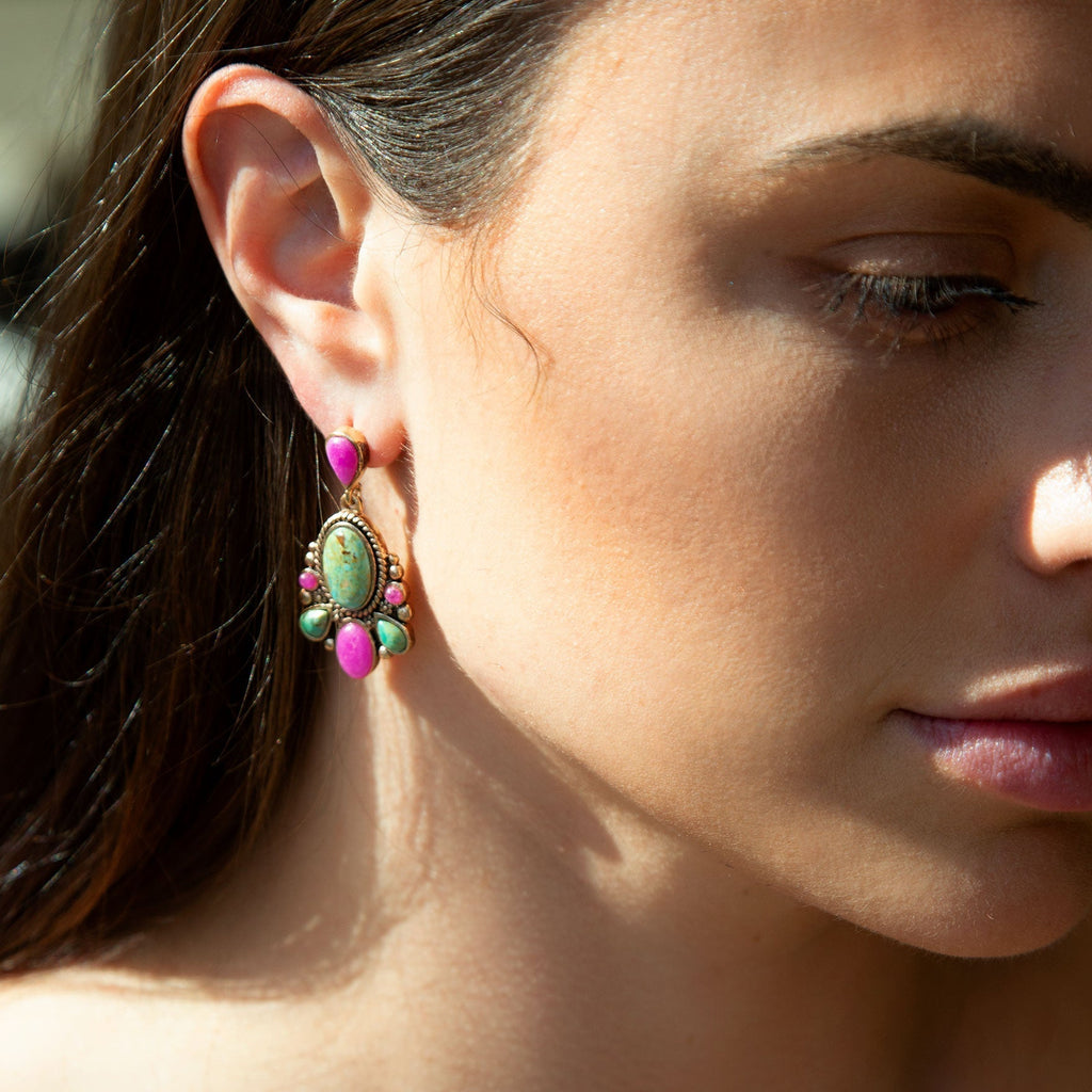 Barcelona Blue Turquoise and Pink Agate Golden Drop Earrings | Earrings | Wiccan Center