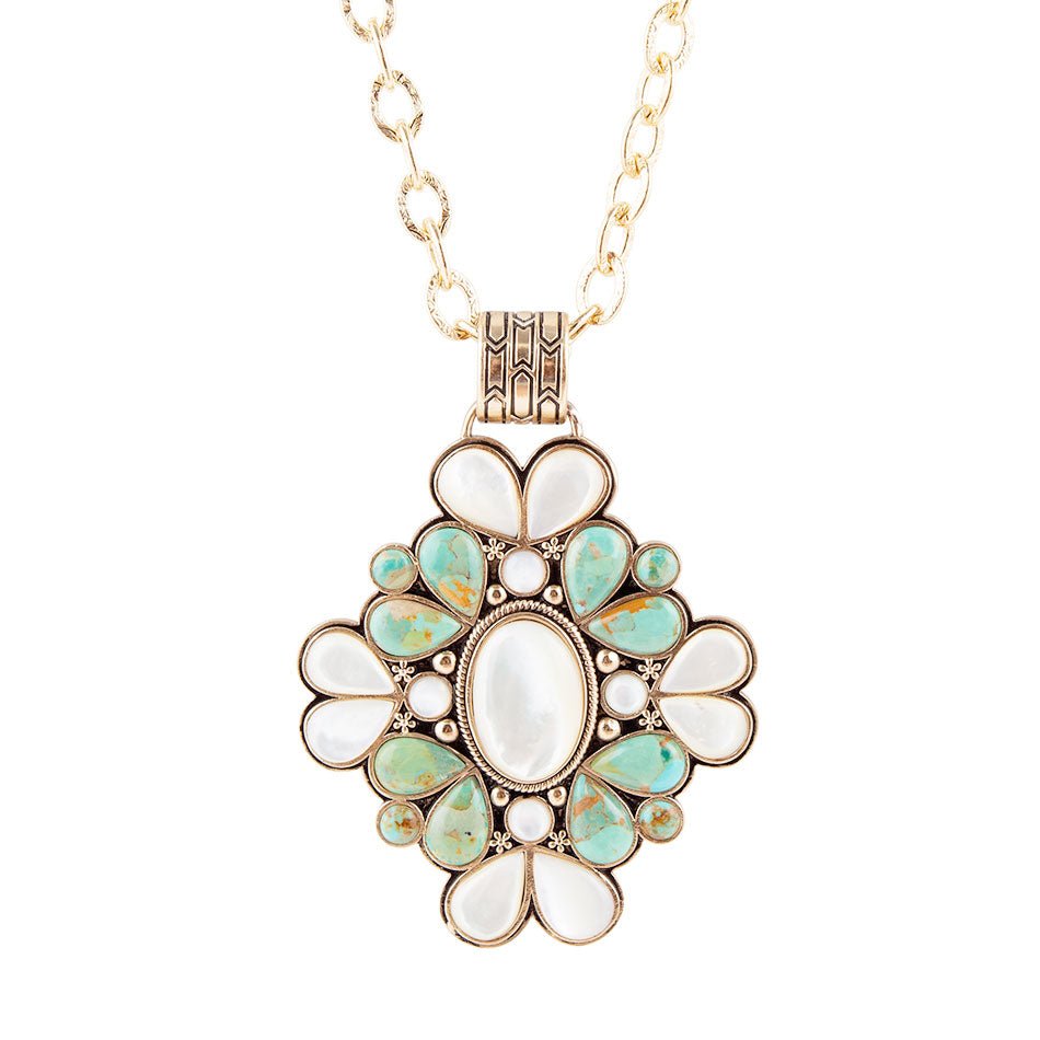 Barcelona Blue Turquoise and Mother of Pearl Golden Statement Necklace | Necklaces | Wiccan Center