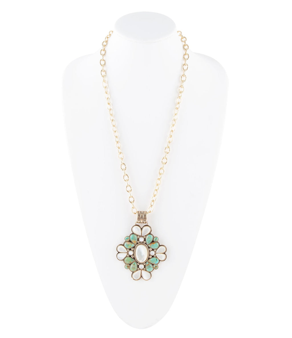 Barcelona Blue Turquoise and Mother of Pearl Golden Statement Necklace | Necklaces | Wiccan Center
