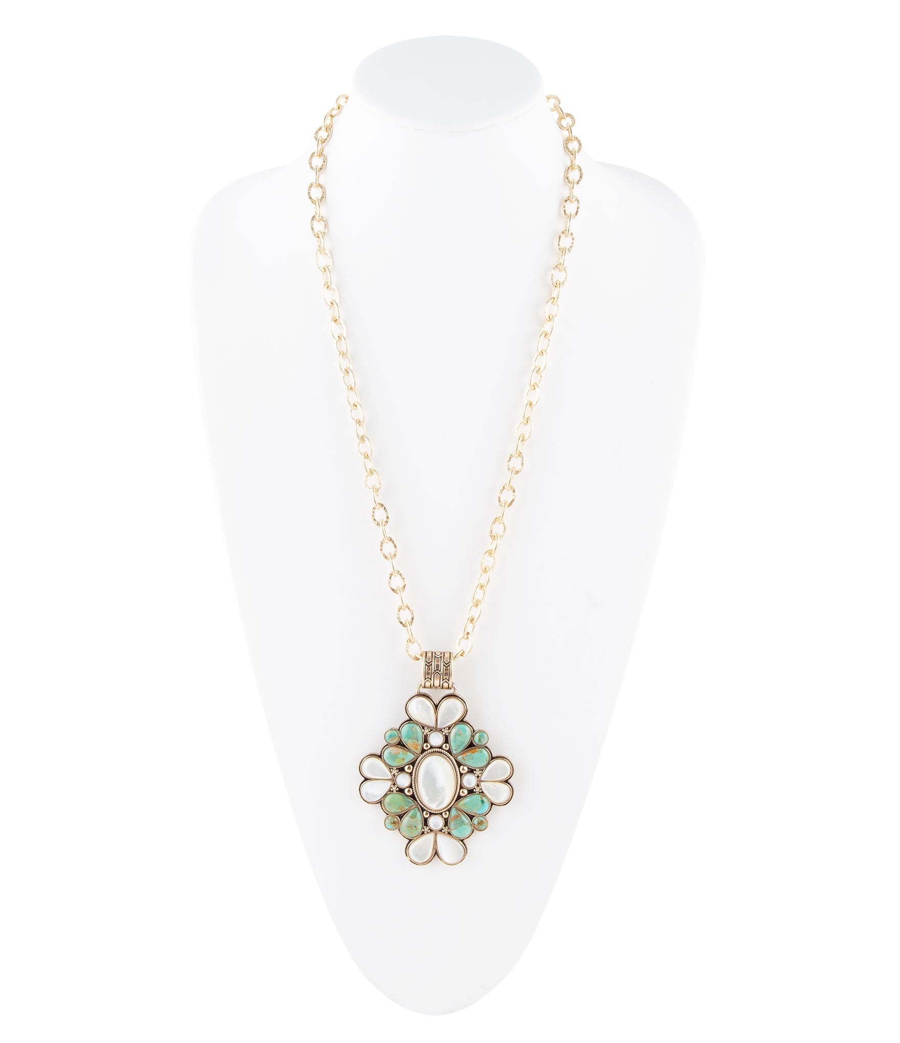 Barcelona Blue Turquoise and Mother of Pearl Golden Statement Necklace | Necklaces | Wiccan Center