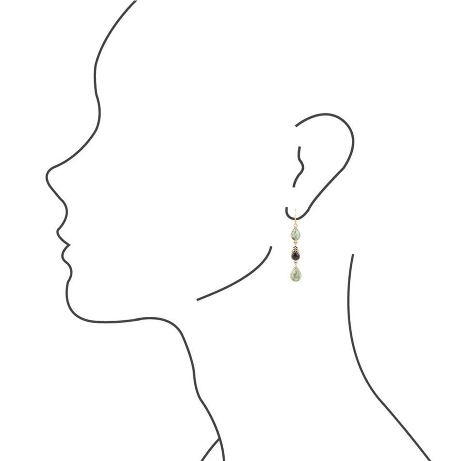 Barcelona Blue Turquoise and Black Onyx Linear Drop Golden Earrings | Earrings | Wiccan Center