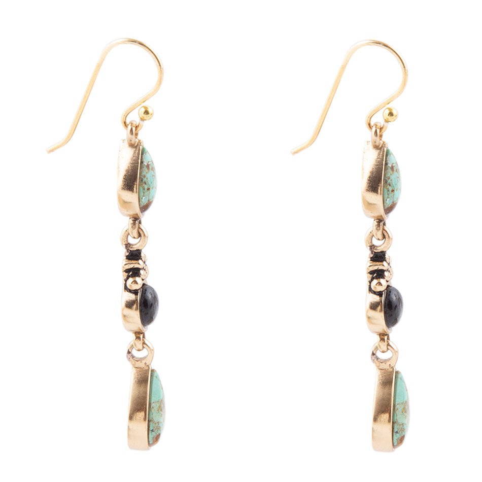 Barcelona Blue Turquoise and Black Onyx Linear Drop Golden Earrings | Earrings | Wiccan Center