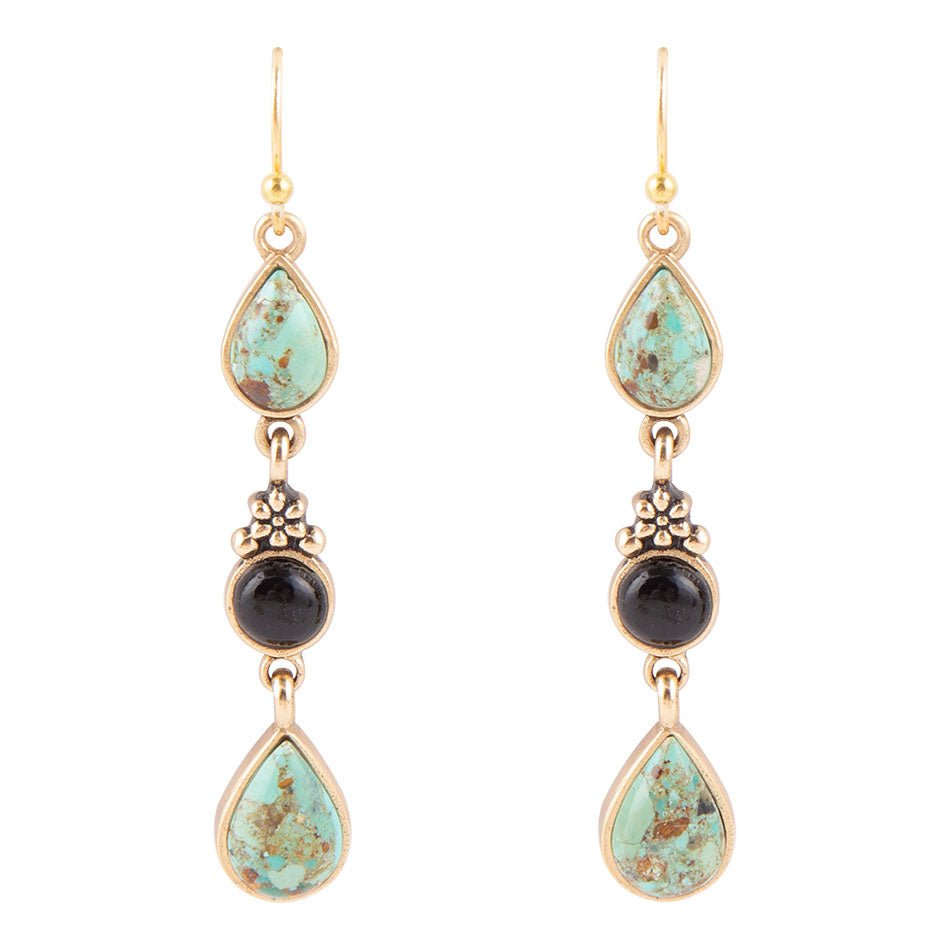 Barcelona Blue Turquoise and Black Onyx Linear Drop Golden Earrings | Earrings | Wiccan Center