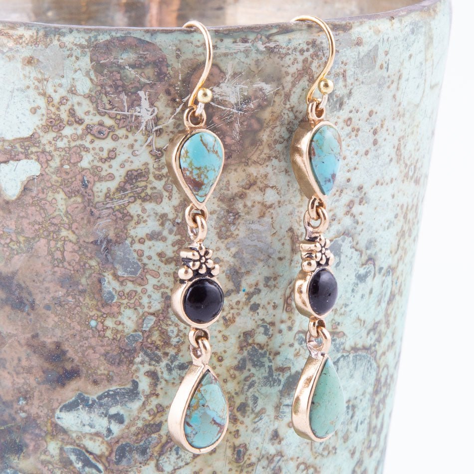 Barcelona Blue Turquoise and Black Onyx Linear Drop Golden Earrings | Earrings | Wiccan Center