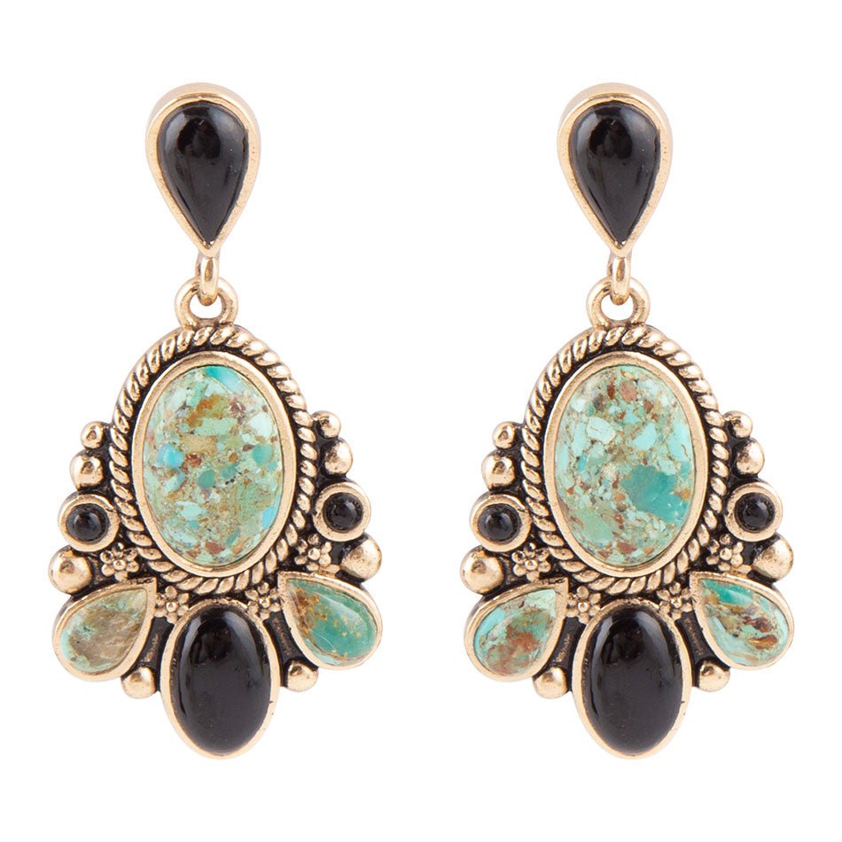 Barcelona Blue Turquoise and Black Onyx Post Drop Golden Earrings | Earrings | Wiccan Center